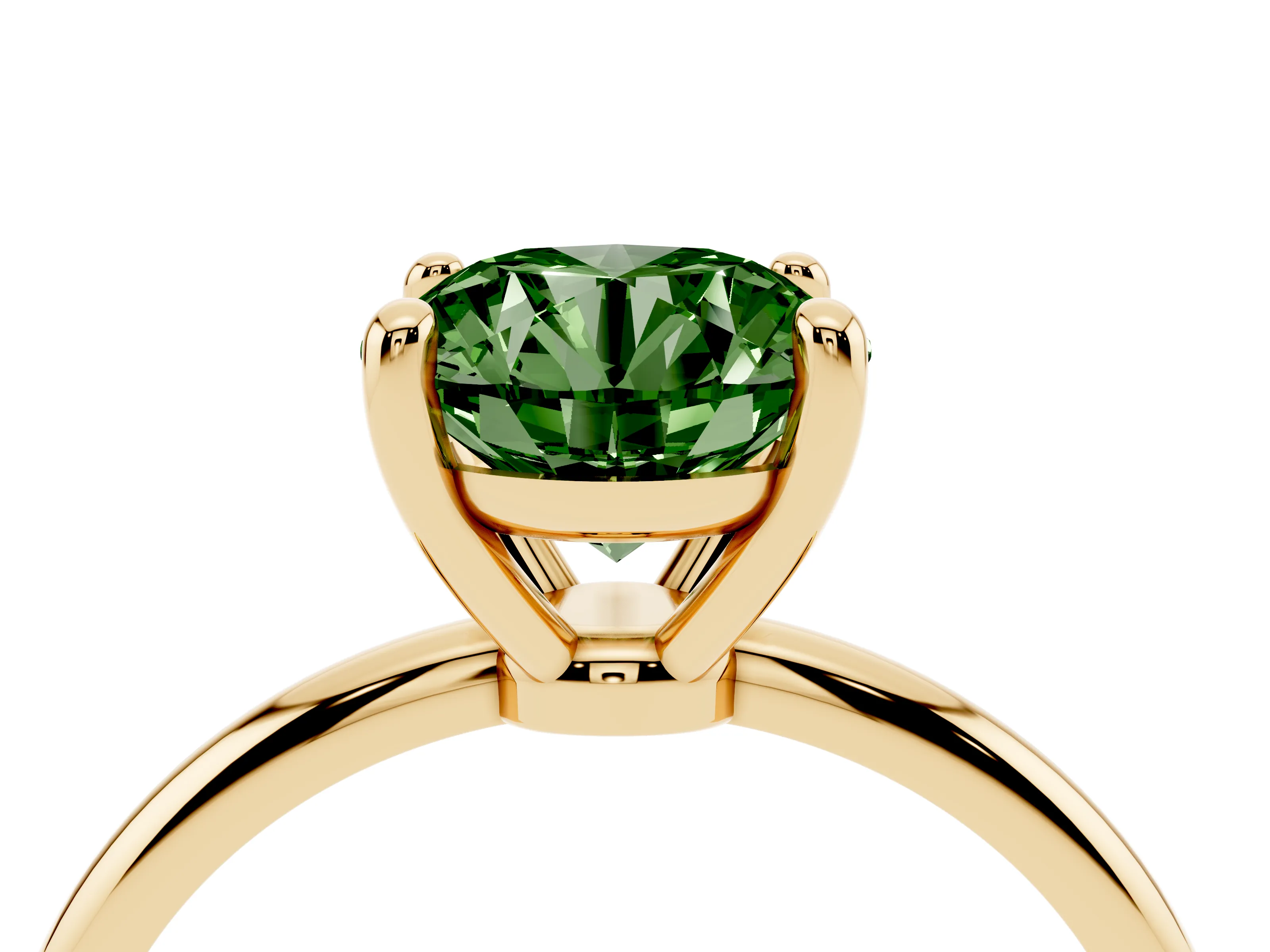 Fancy Green Round Cut Diamond Solitaire Ring Set in Yellow gold with Secure Prong Setting on a Classic Band
