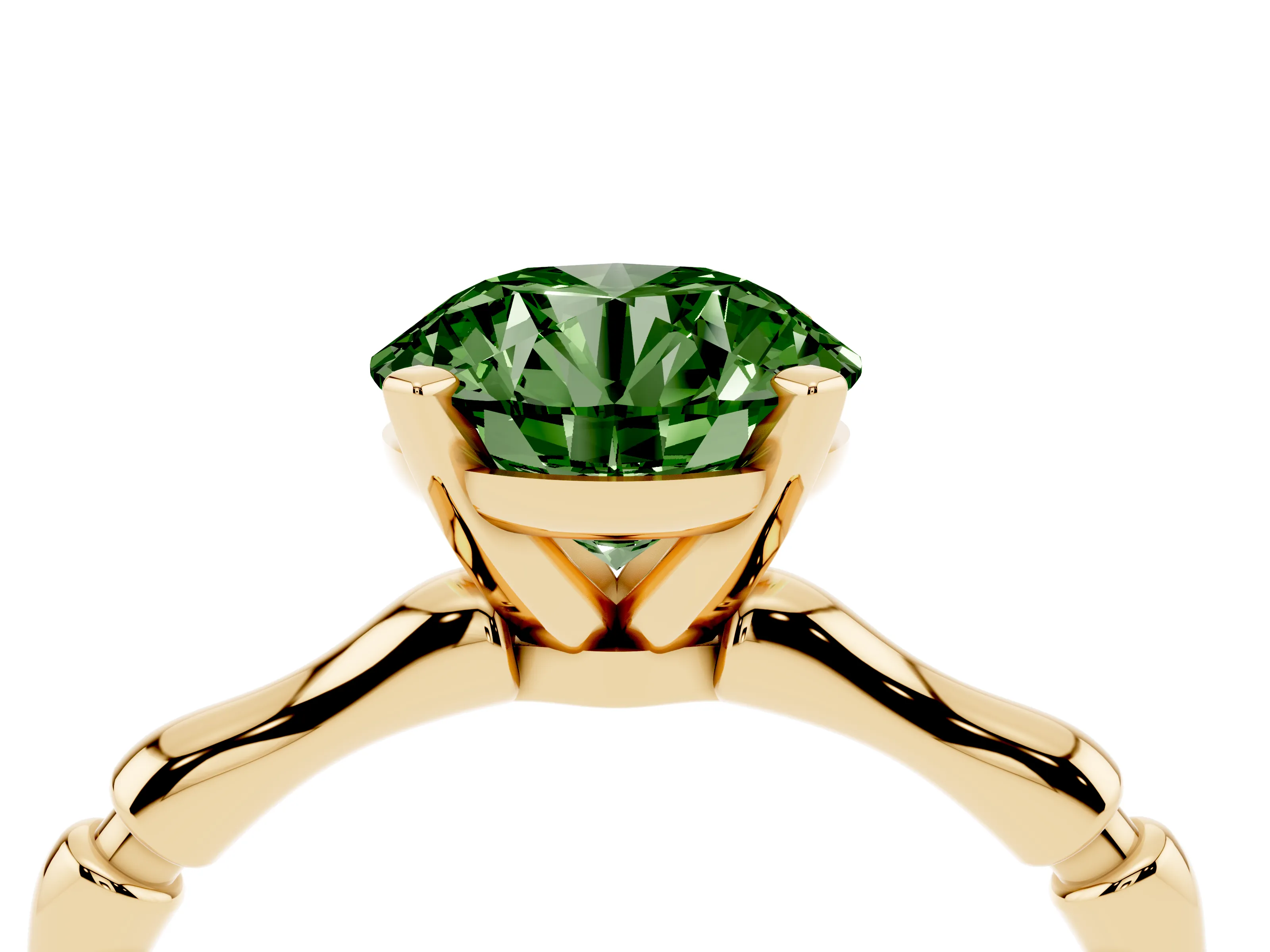 Fancy Green Round Cut Diamond Solitaire Ring Set in Yellow gold with Bamboo Band and Prong Setting