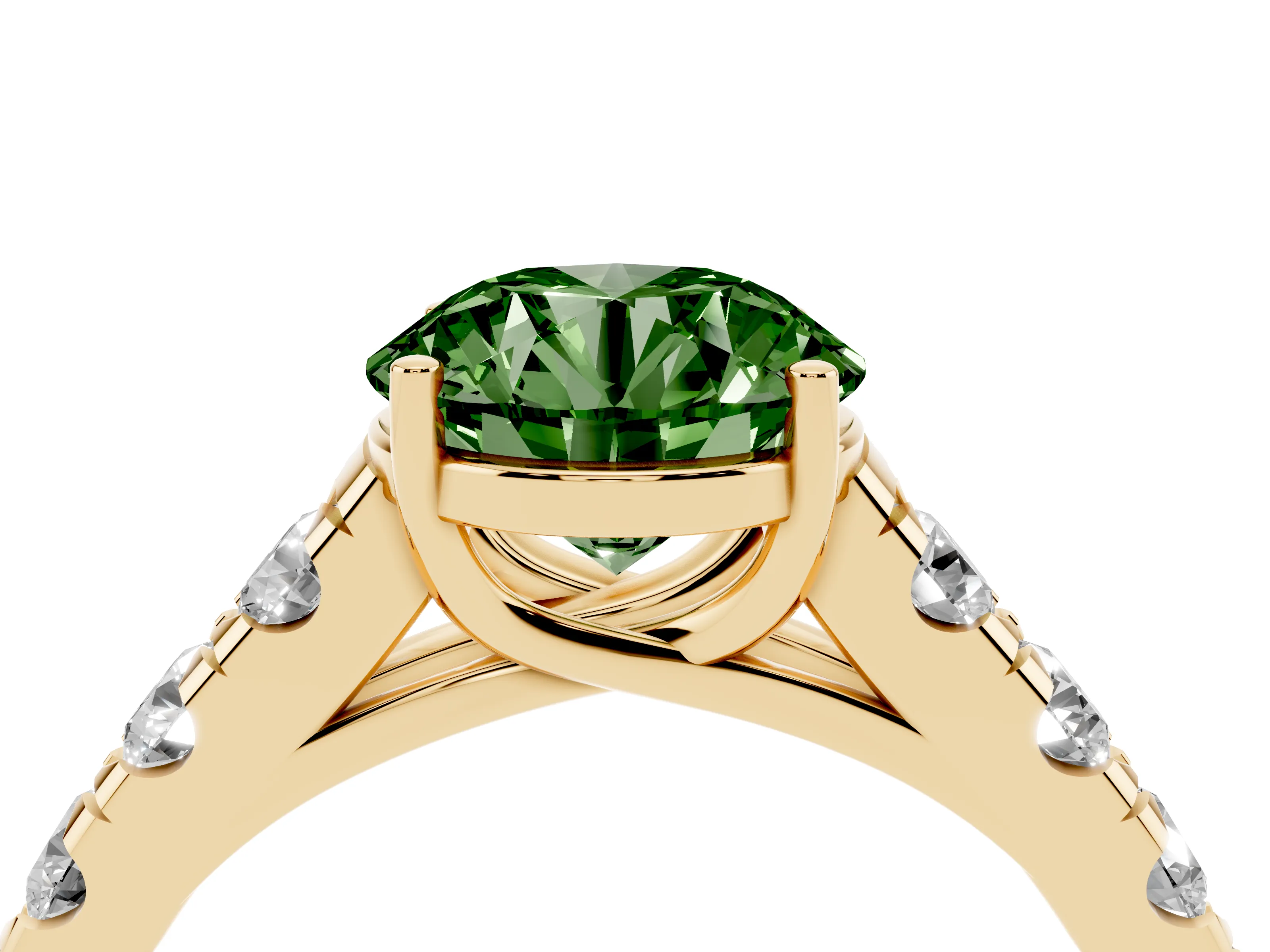 Fancy Green Round Cut Diamond Solitaire Ring Set in Yellow gold with Cut-Down Micro Pavé Band and Prong Setting
