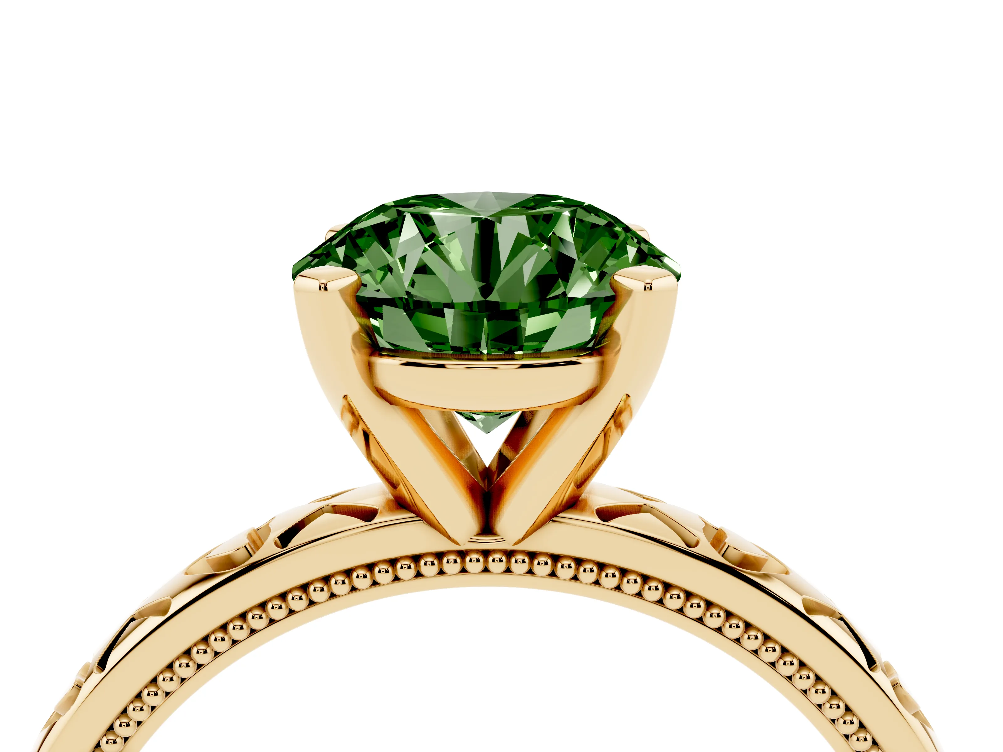 Fancy Green Round Cut Diamond Solitaire Engagement Ring Set in Yellow gold with XO Engraved Band and Prong Setting