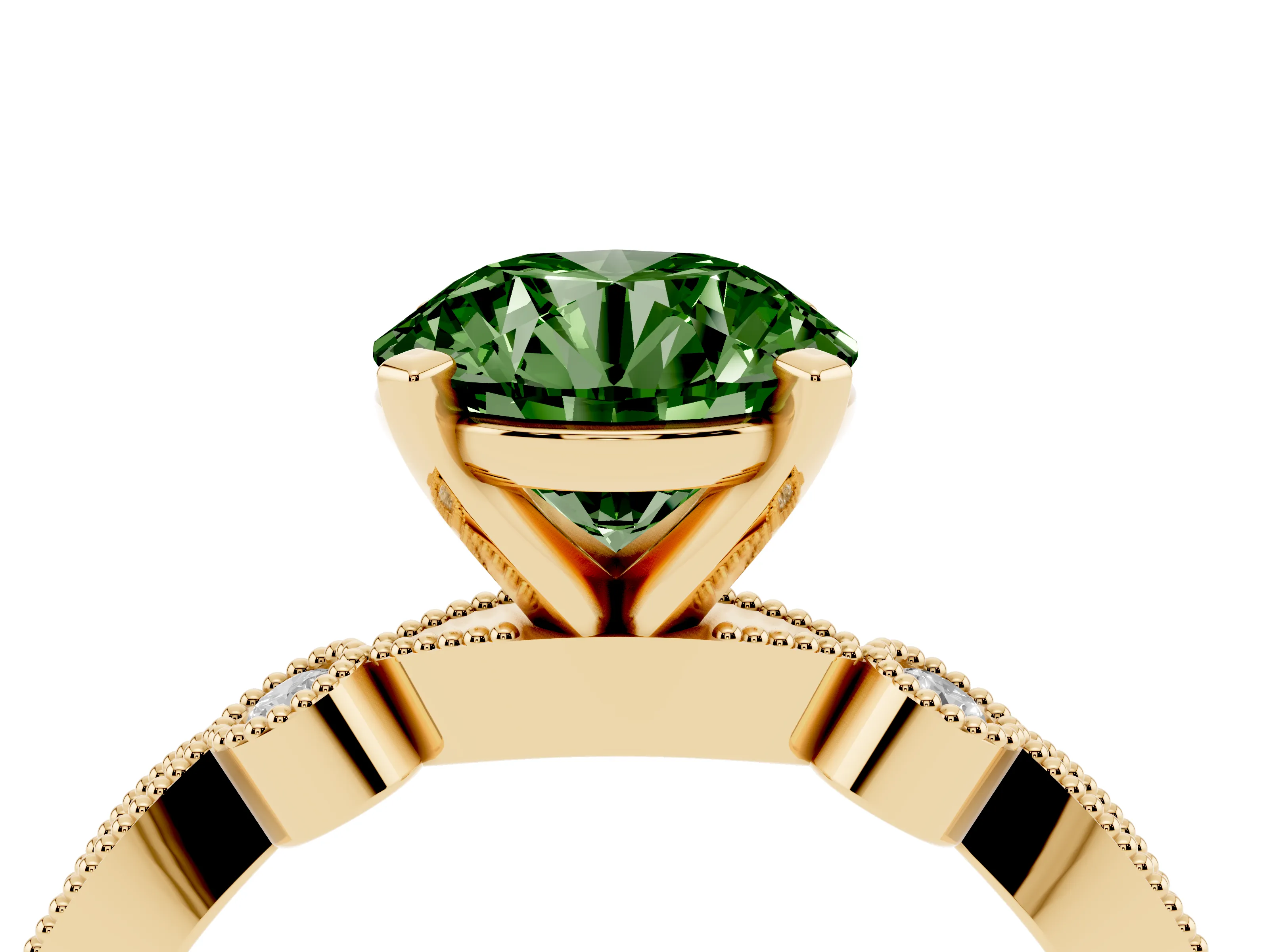 Fancy Green Round Cut Diamond Solitaire Engagement Ring Set in Yellow gold with Milgrain Bezel Accent Band