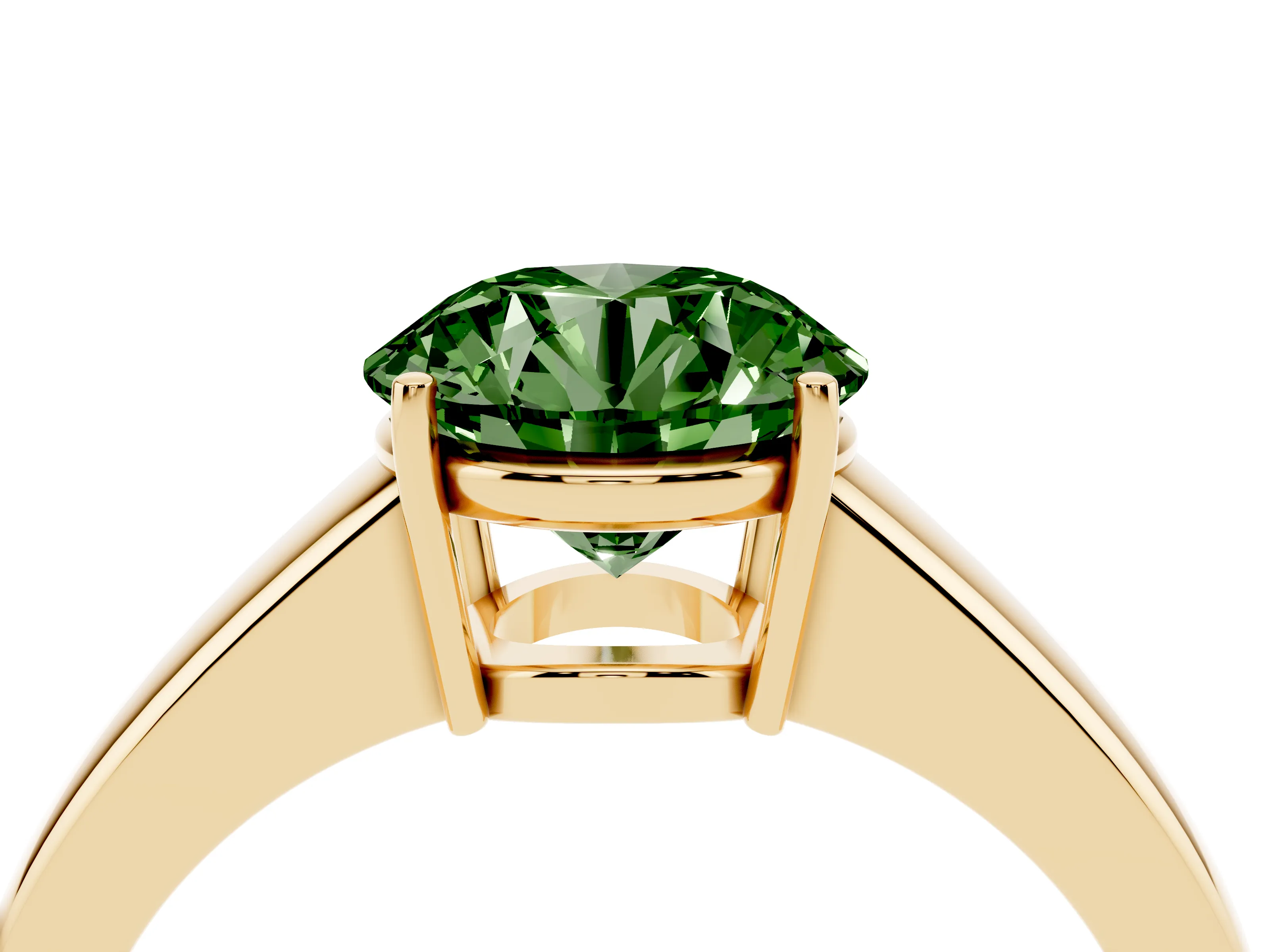 Fancy Green Round Cut Diamond Solitaire Ring Set in Yellow gold with Tapered Band and Prong Setting