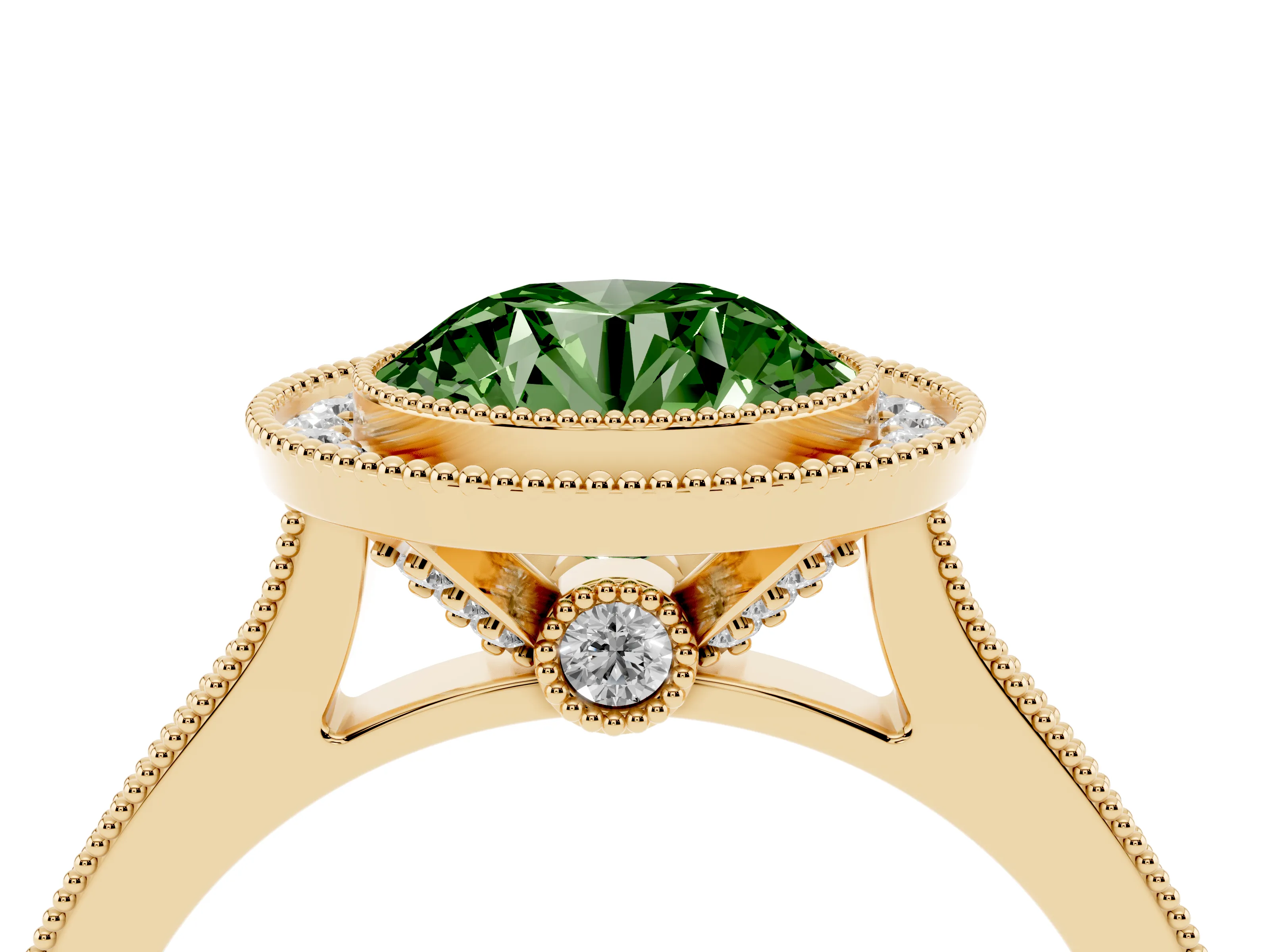 Fancy Green Round Cut Diamond Halo Milgrain Pavé Band Ring Set in Yellow gold with Prong Setting