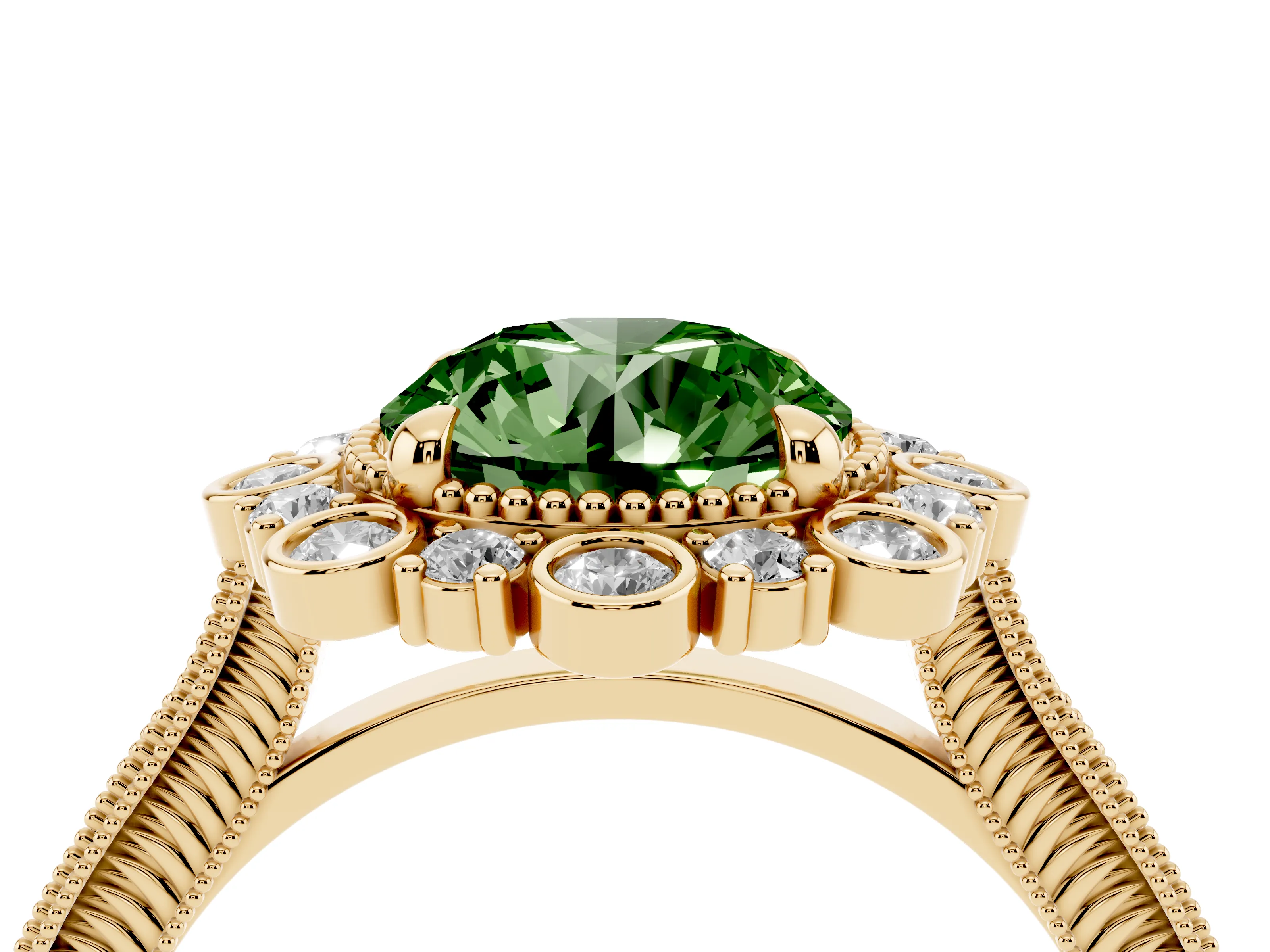Fancy Green Round Cut Diamond Halo Milgrain Pavé Ring Set in Yellow gold with Prong Setting