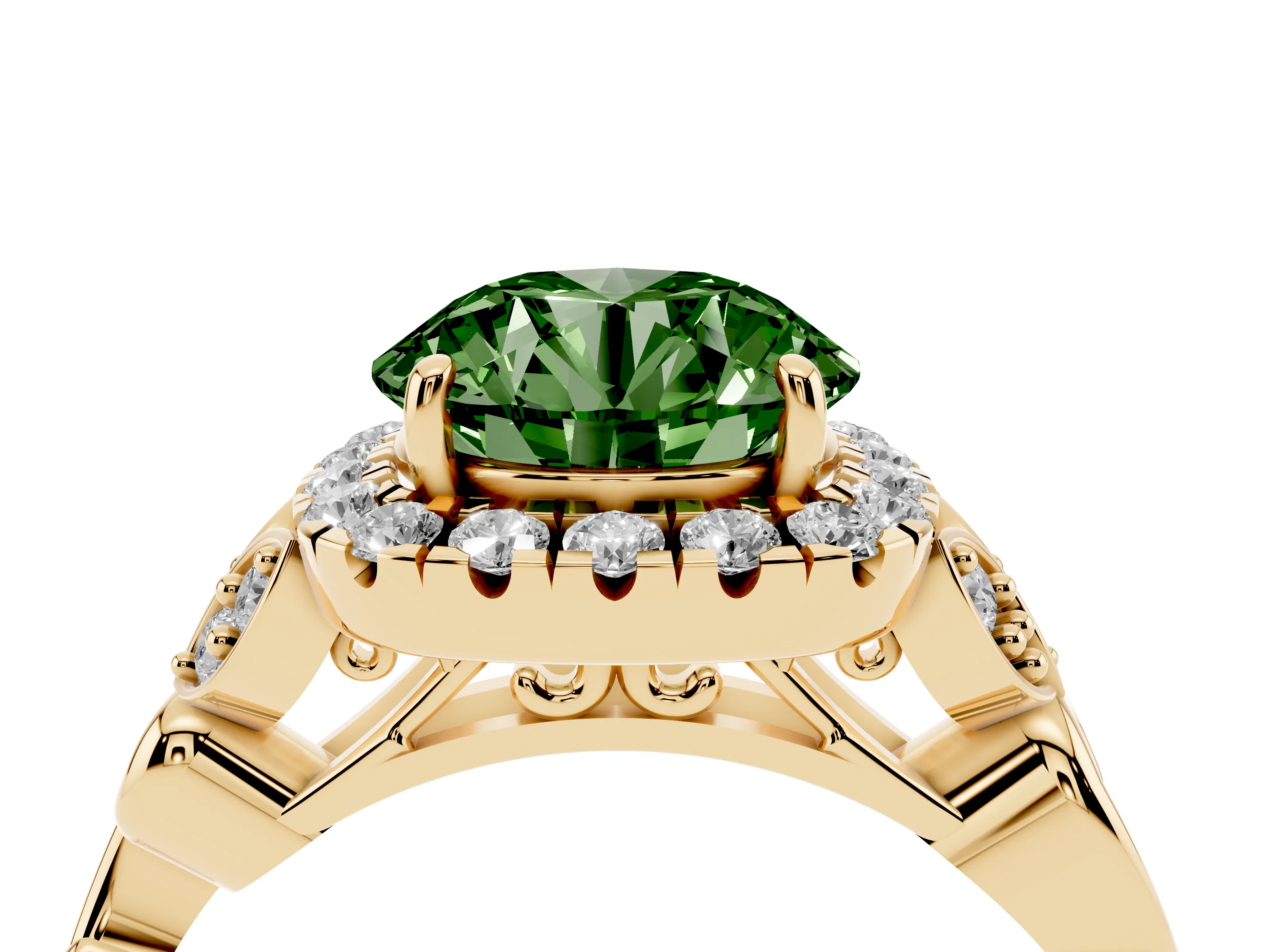 Fancy Green Round Cut Diamond Halo Engagement Ring Set in Yellow gold with Vintage-Inspired Band and Prong Setting