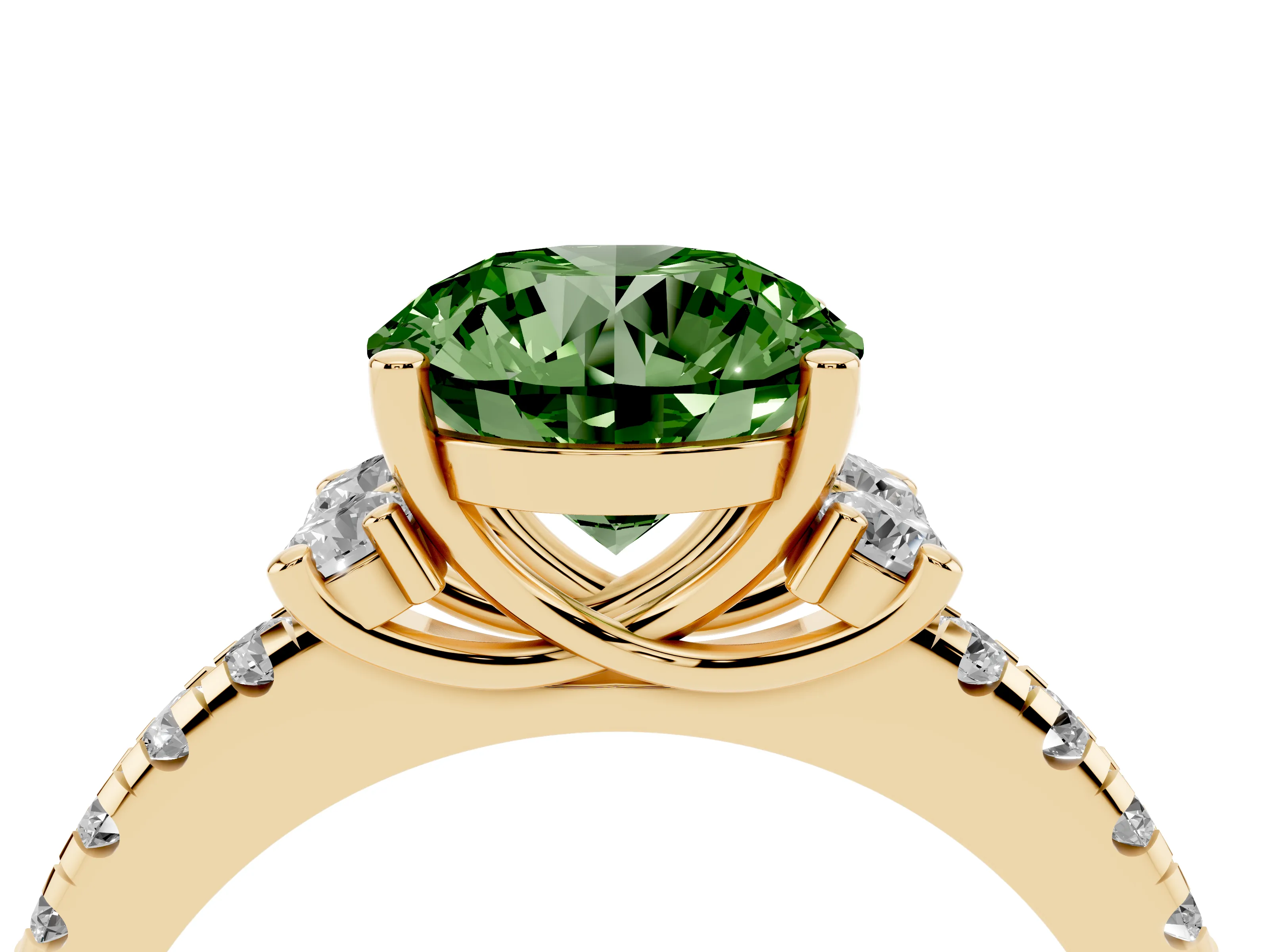 Fancy Green Round Cut Diamond Three-Stone Pavé Ring Set in Yellow gold with Prong Setting