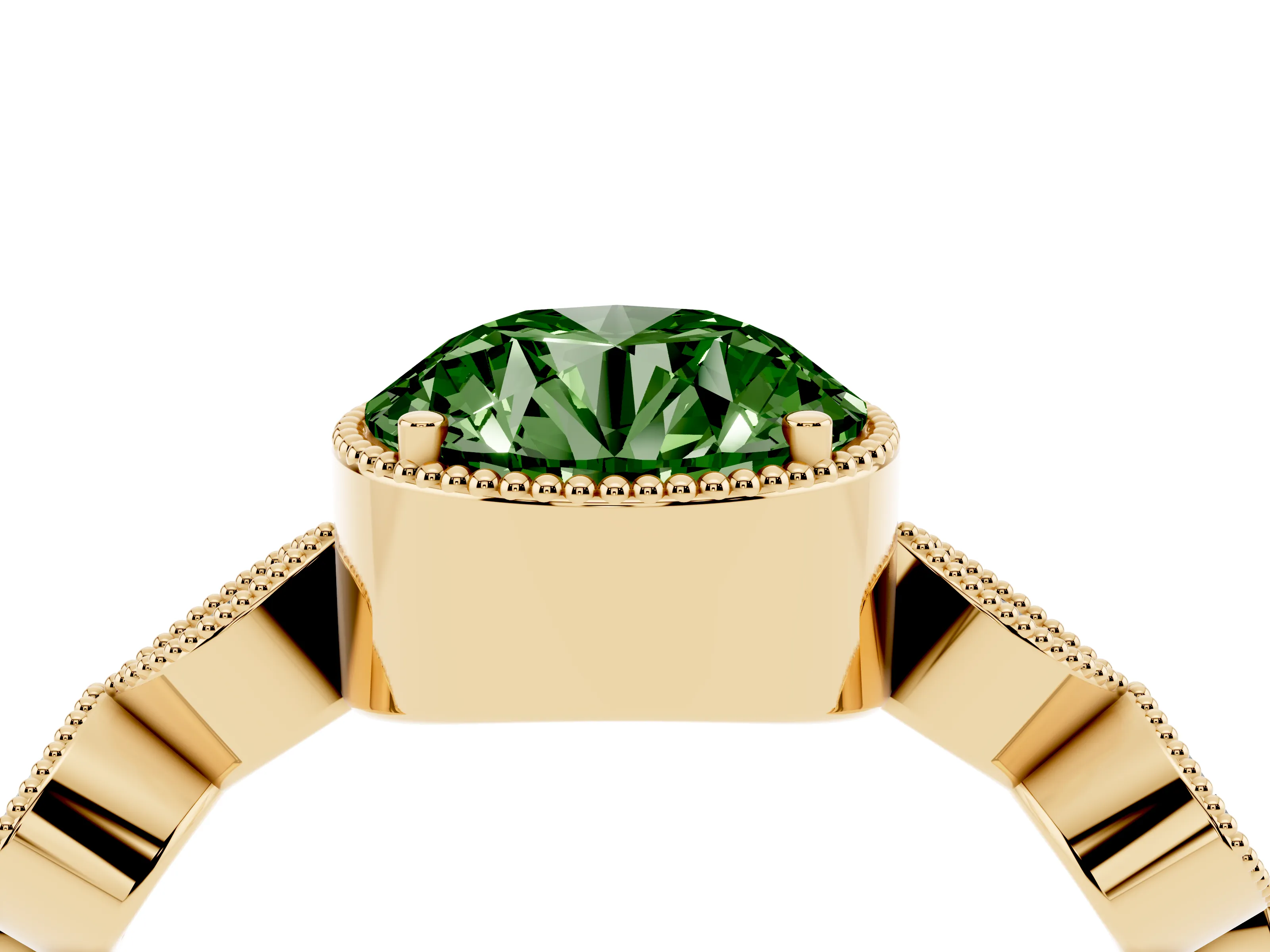 Fancy Green Round Cut Diamond Vintage-Inspired Milgrain Ring Set in Yellow gold with Marquise Stations of Round Accents