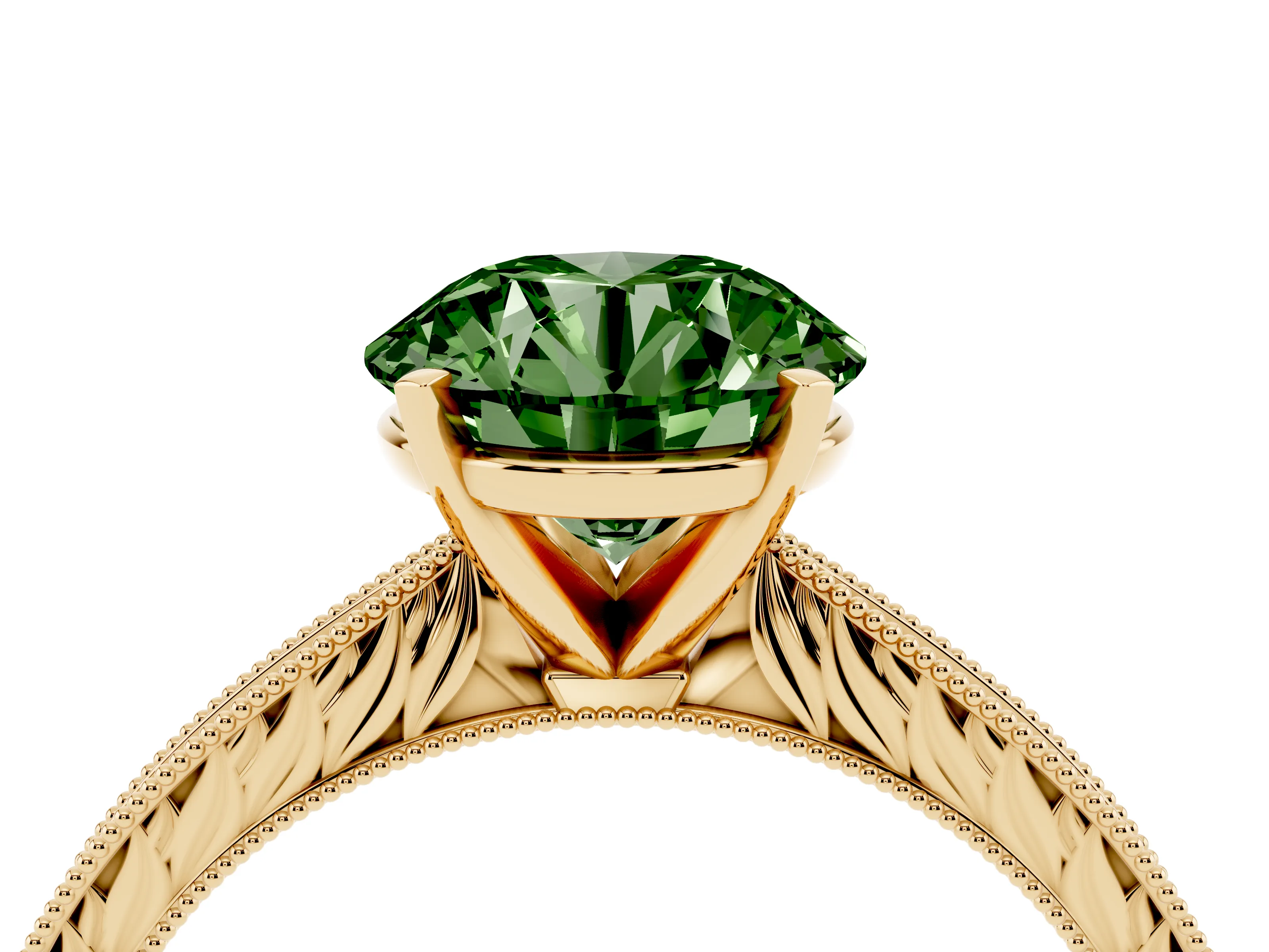 Fancy Green Round Cut Diamond Solitaire Milgrain Engraved Band Set in Yellow gold with Prong Setting