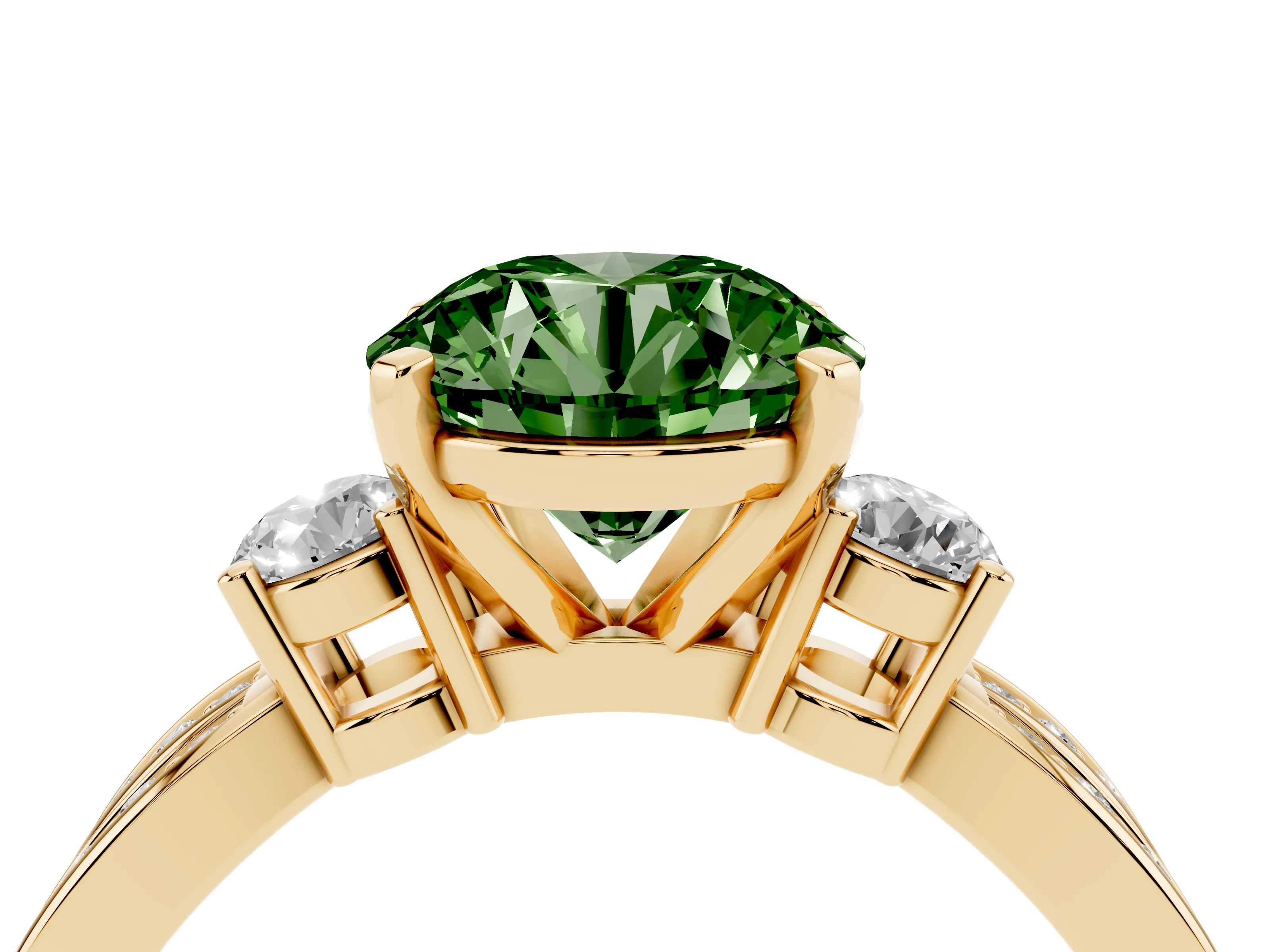 Fancy Green Three-Stone Round Cut Diamond Twist Band Ring Set in Yellow gold with Pavé Accents and Prong Setting