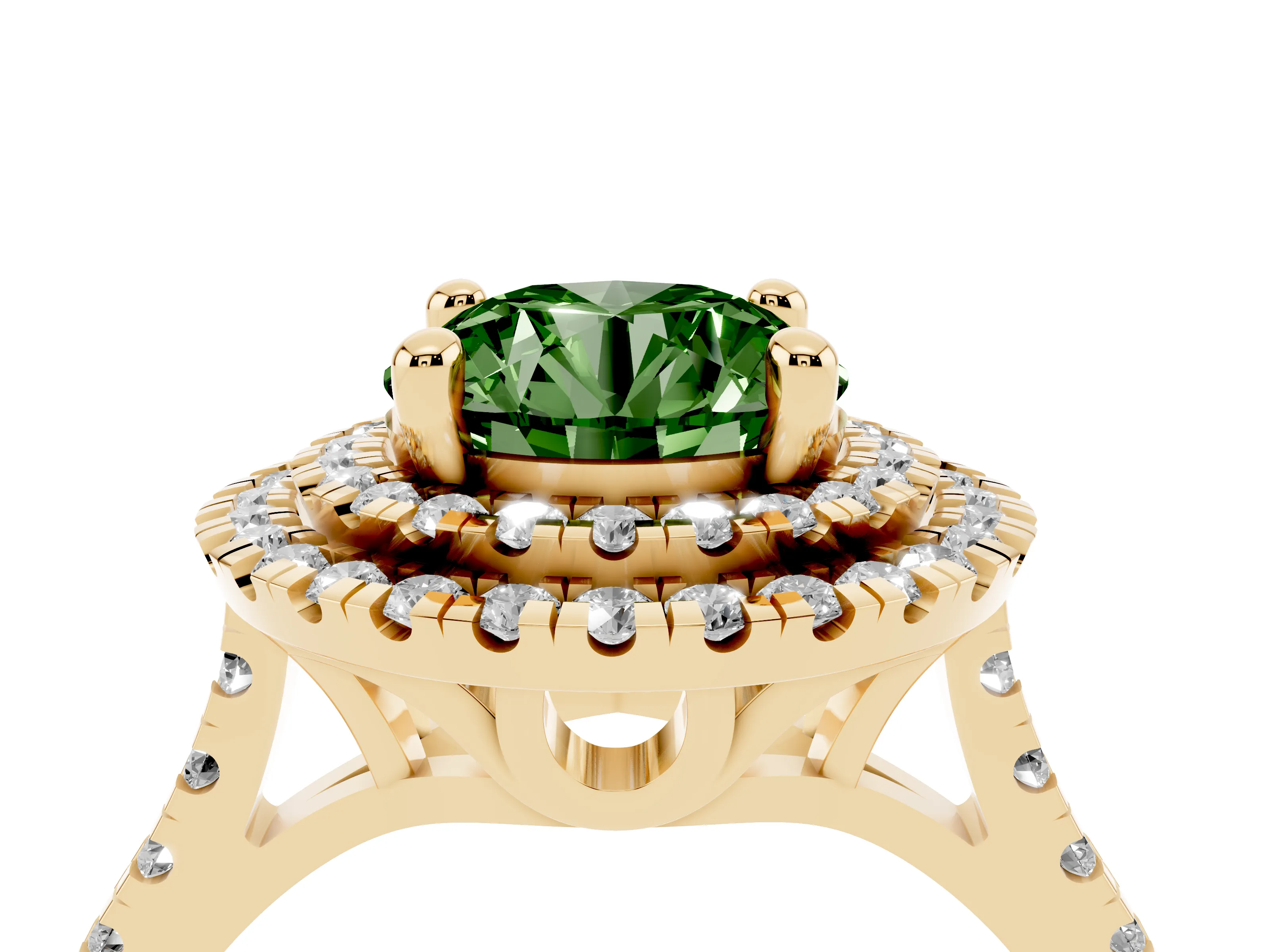 Fancy Green Round Cut Diamond Double Halo Statement Ring Set in Yellow gold with Pavé Band