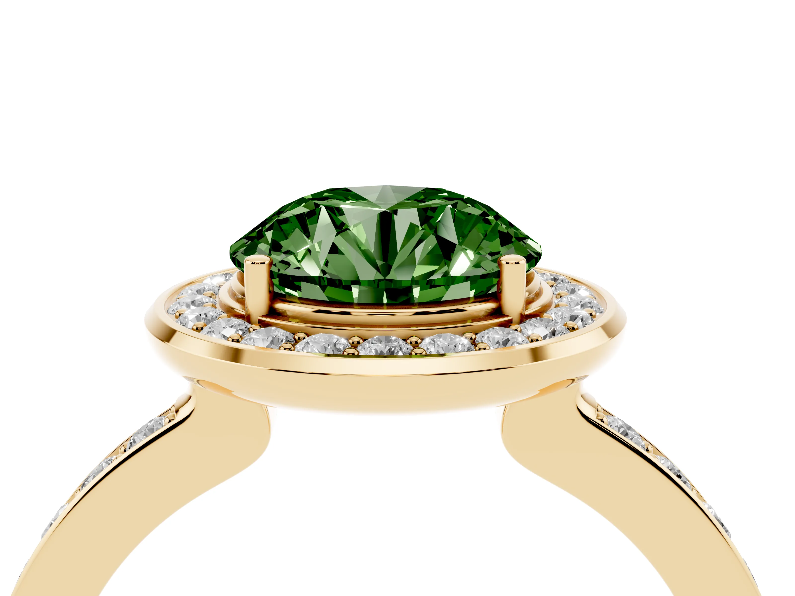 Fancy Green Round Cut Diamond Halo Ring Set in Yellow gold with Bezel Frame and Pavé Band