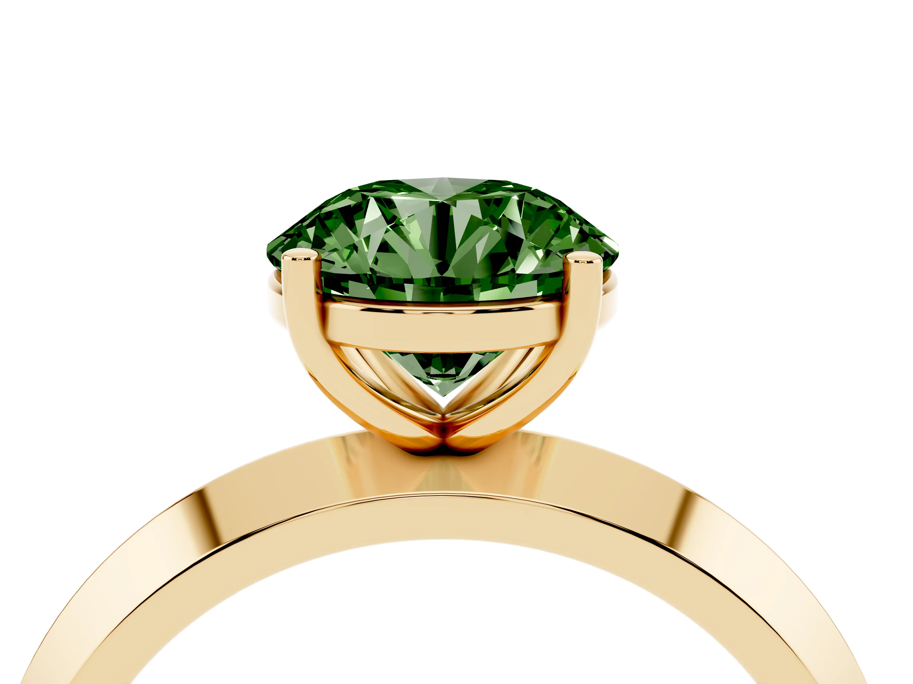 Fancy Green Round Cut Diamond Solitaire Engagement Ring Set in Yellow gold with Flat Band and Prong Setting