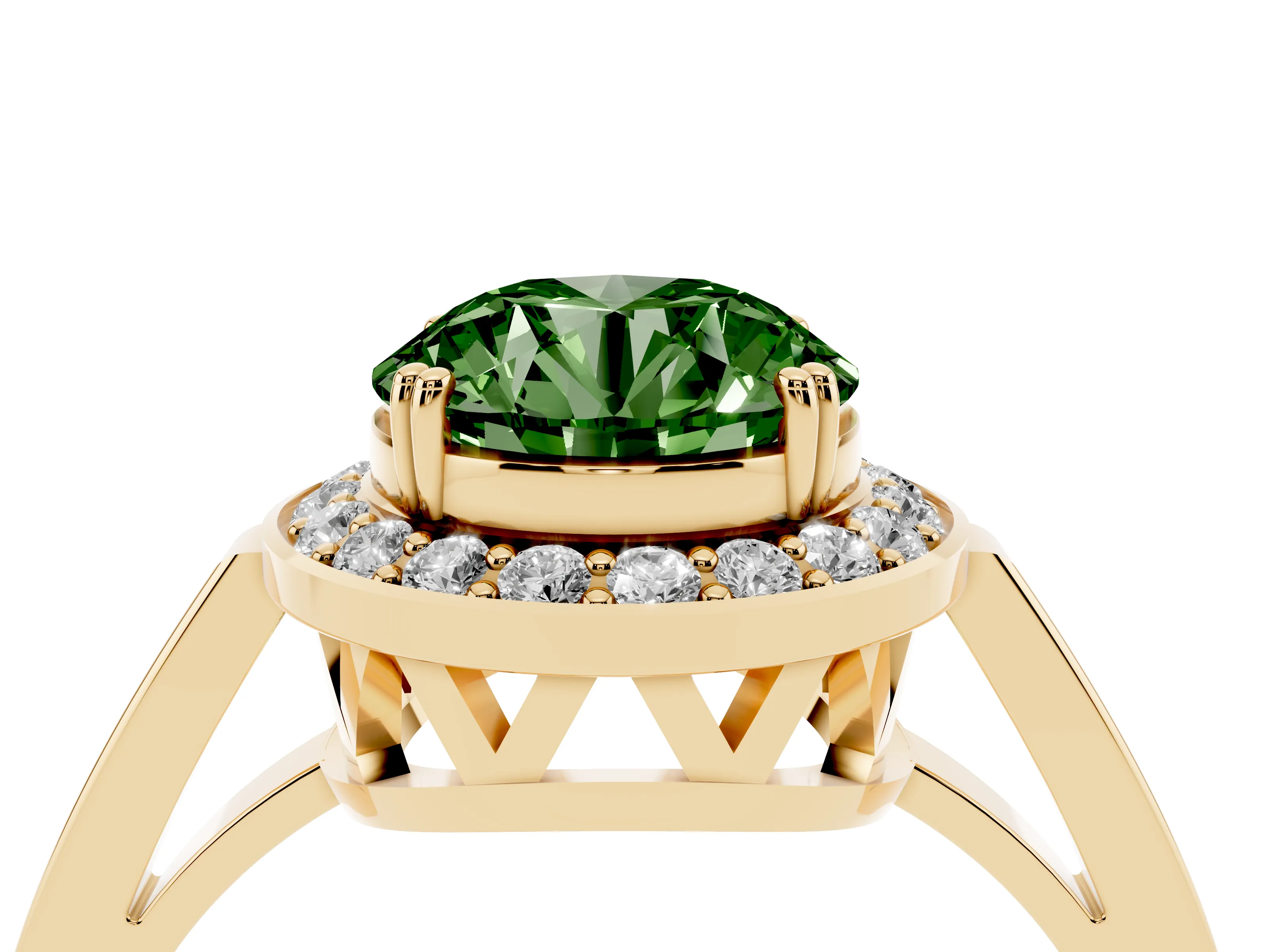 Fancy Green Round Cut Diamond Halo Ring Set in Yellow gold with Accent-Lined Split Shank and Prong Setting