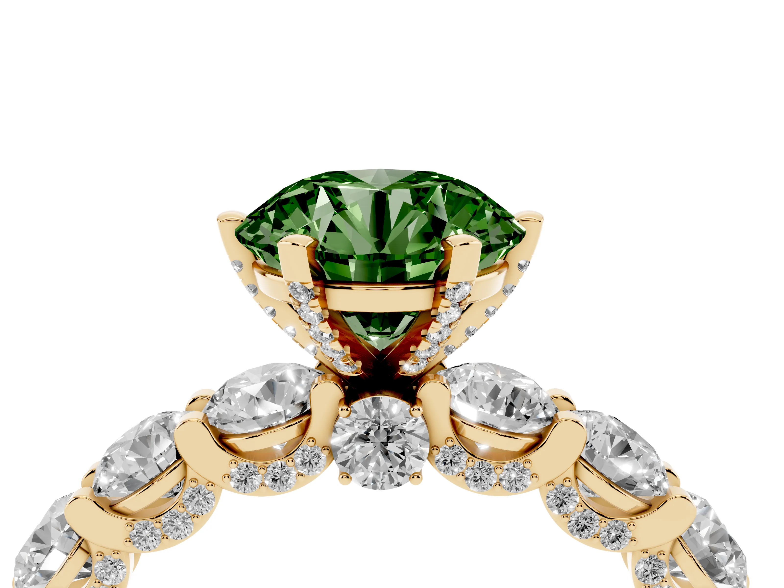 Fancy Green Round Cut Diamond Side Stone Ring Set in Yellow gold with Alternating Round and Oval Side Stones