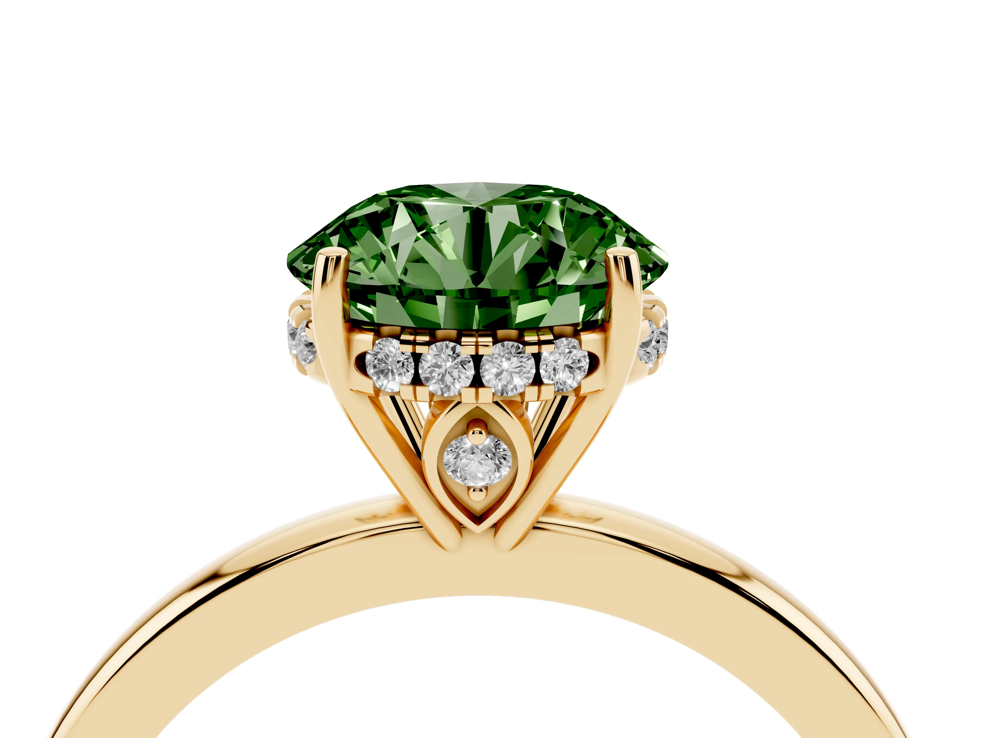 Fancy Green Round Cut Diamond Solitaire Ring Set in Yellow gold with Plain Band and Prong Setting