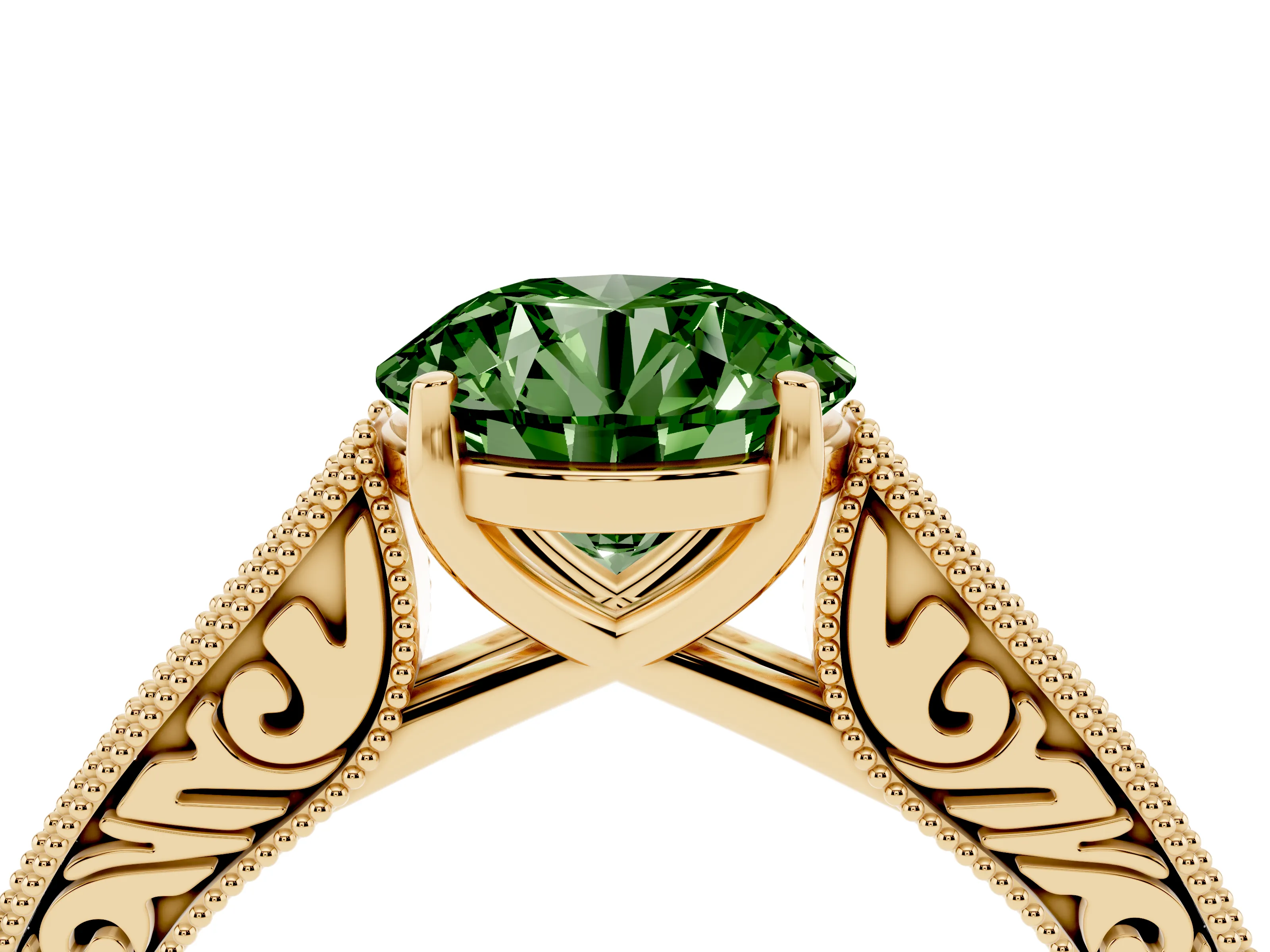 Fancy Green Round Cut Diamond Milgrain Pavé Band Solitaire Ring Set in Yellow gold with Prong Setting