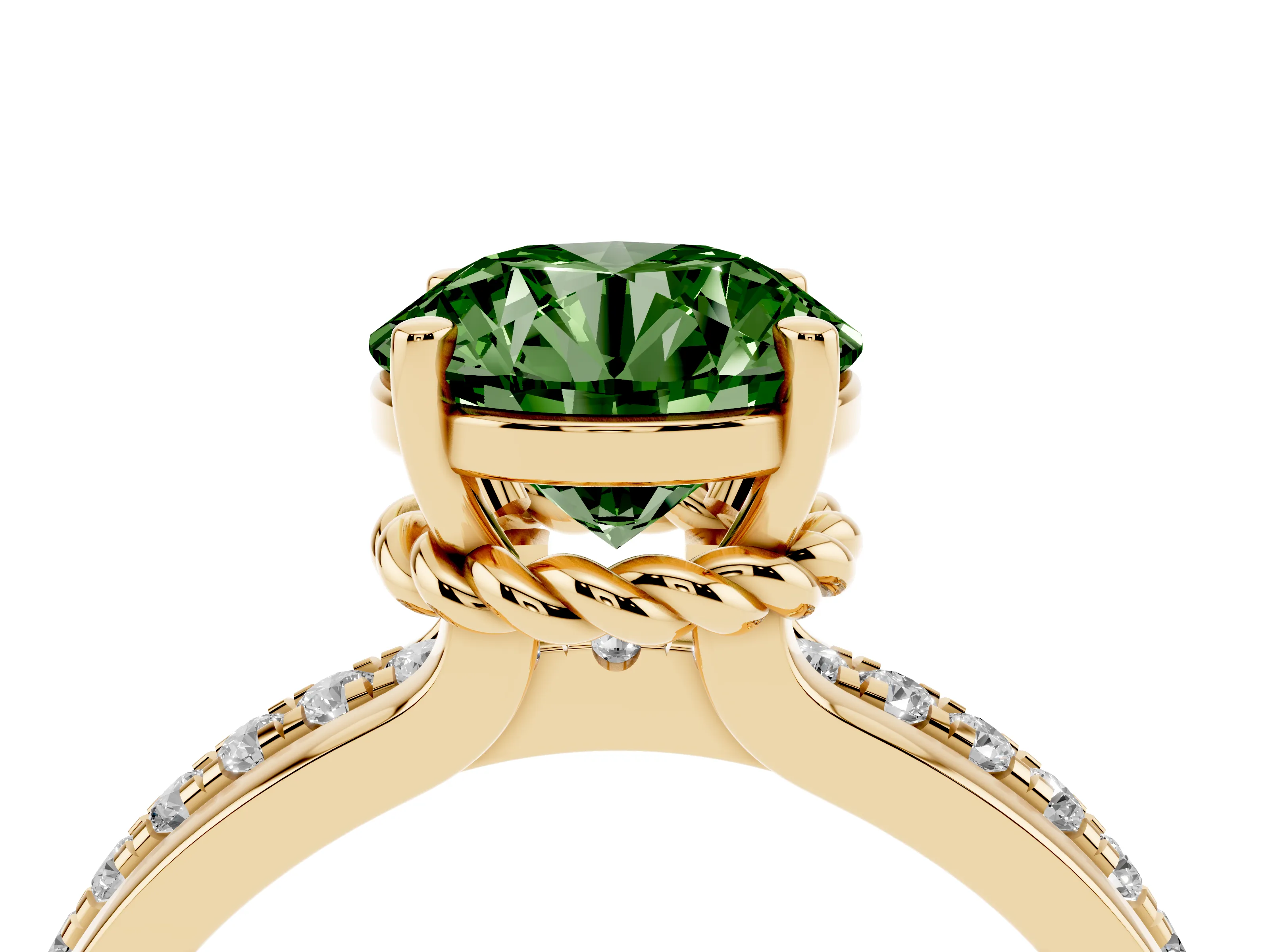 Fancy Green Round Cut Diamond Solitaire Ring Set in Yellow gold with Channel Set Band and Prong Setting