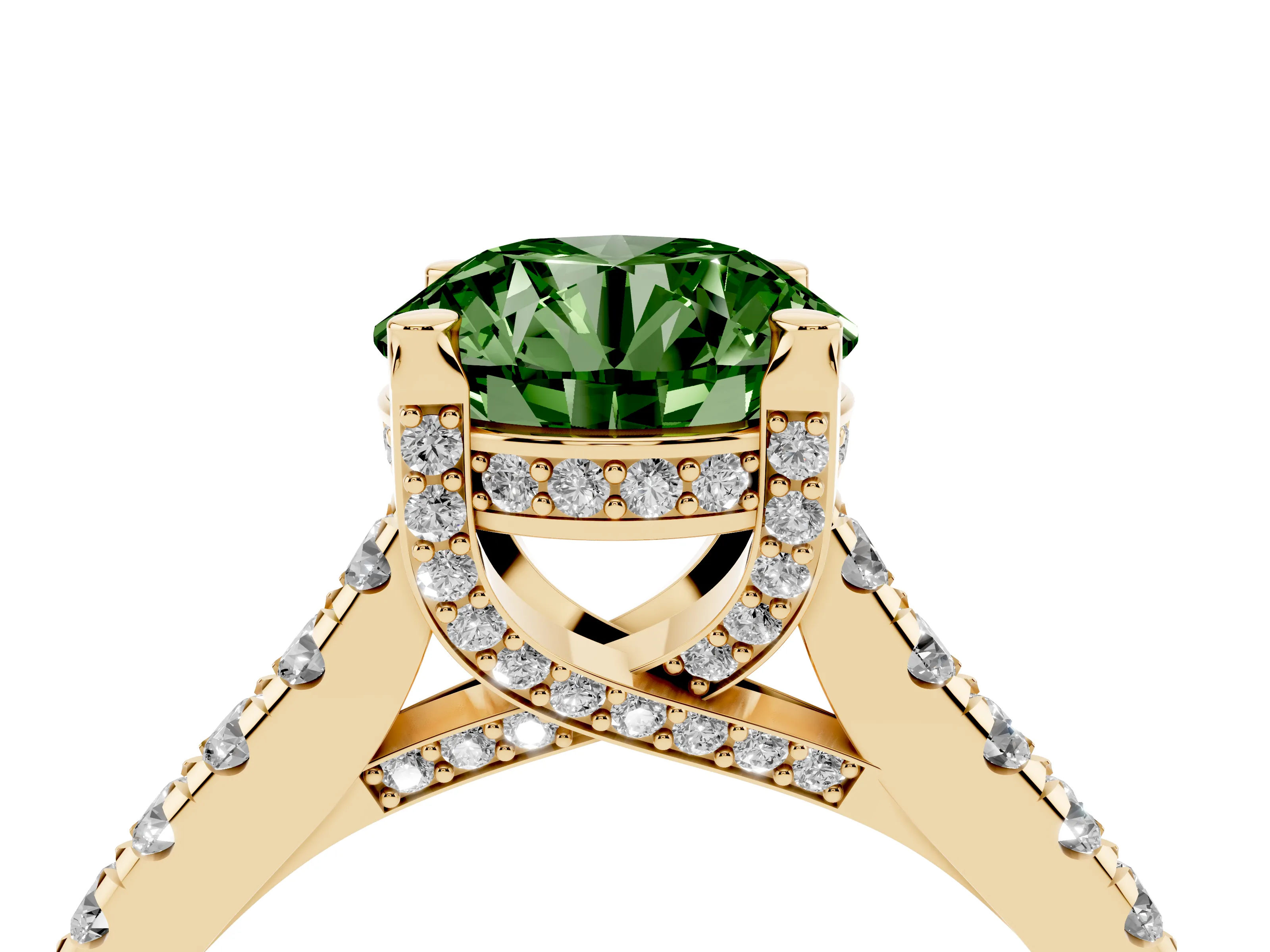 Fancy Green Round Cut Diamond Solitaire Ring Set in Yellow gold with Brilliant Pavé Band and Prong Setting