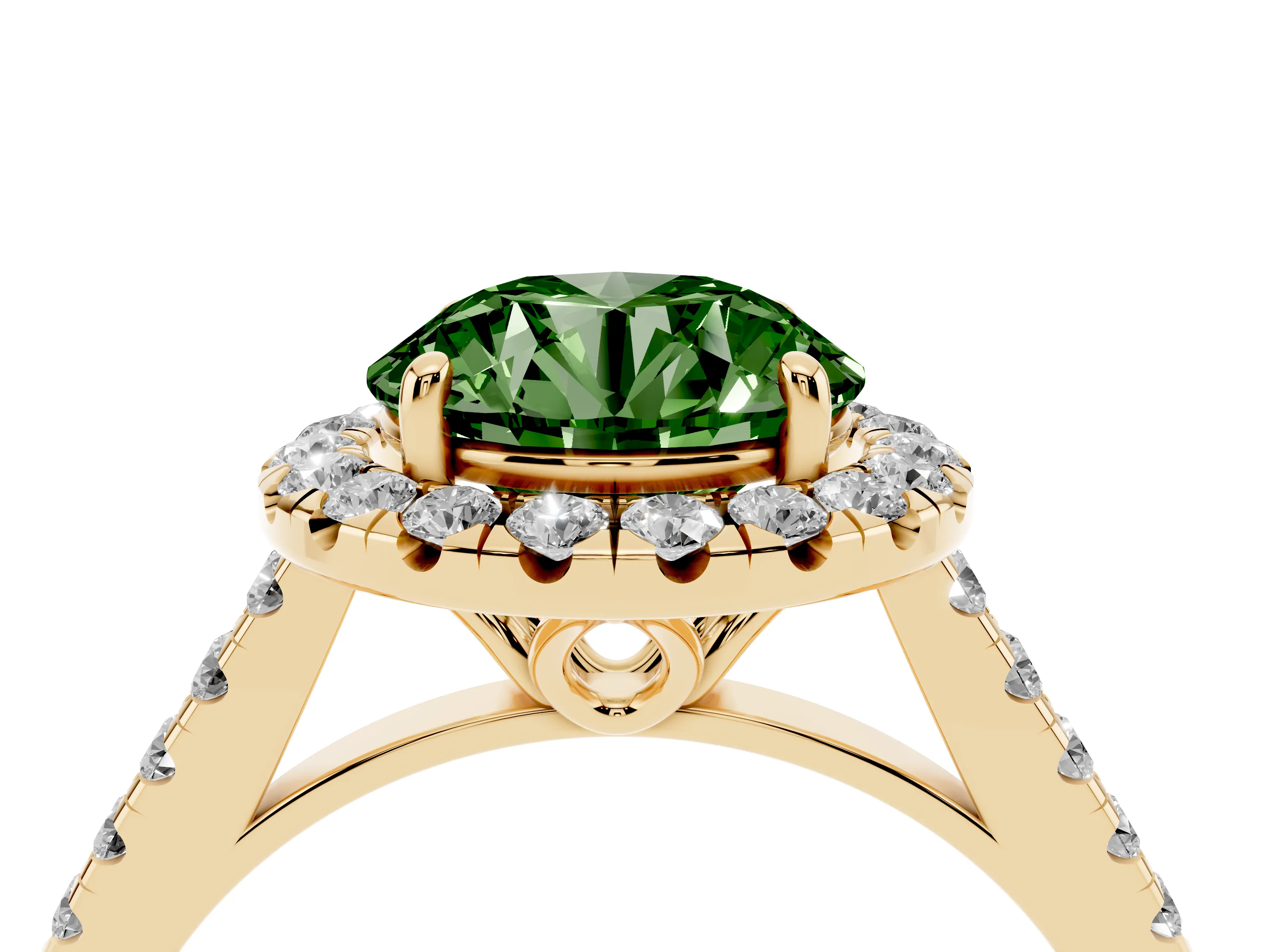 Fancy Green Round Cut Diamond Pavé Halo Engagement Ring Set in Yellow gold with Pavé Band and Prong Setting