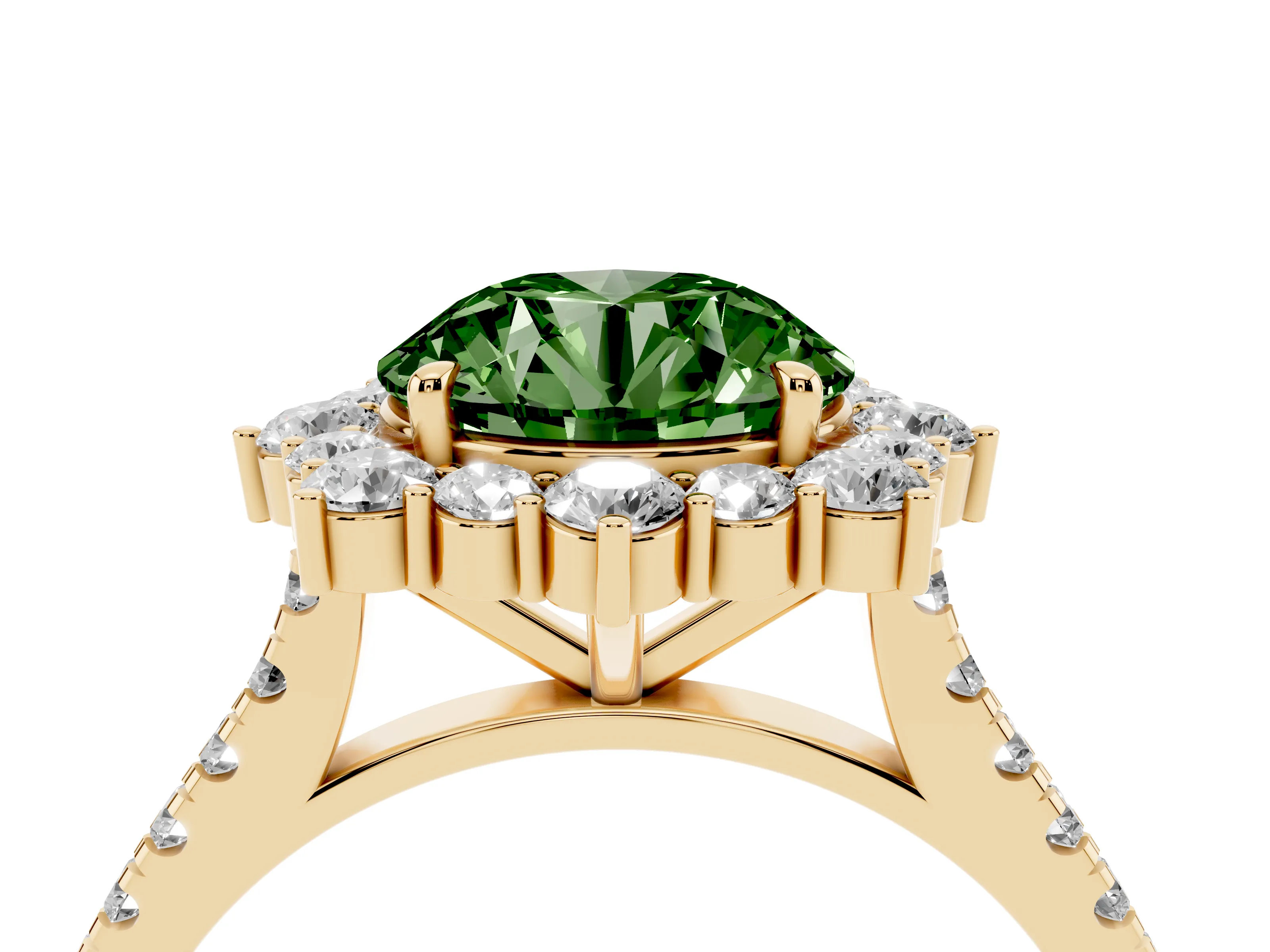 Fancy Green Round Cut Diamond Halo Ring Set in Yellow gold with Pavé Band and Prong Setting