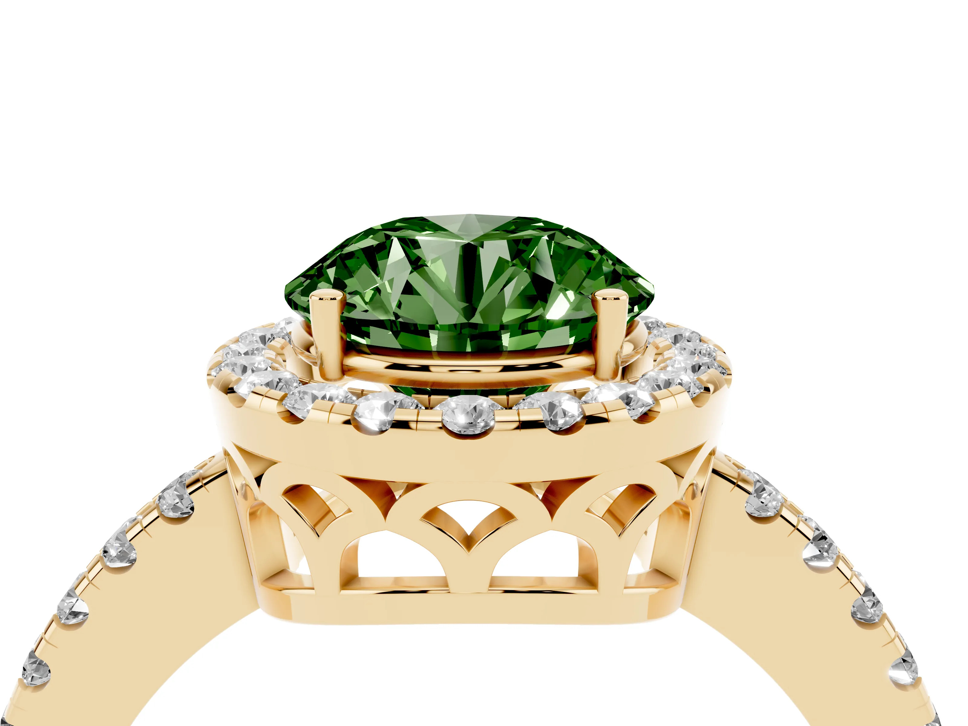 Fancy Green Round Cut Diamond Pavé Band Halo Engagement Ring Set in Yellow gold with Prong Setting