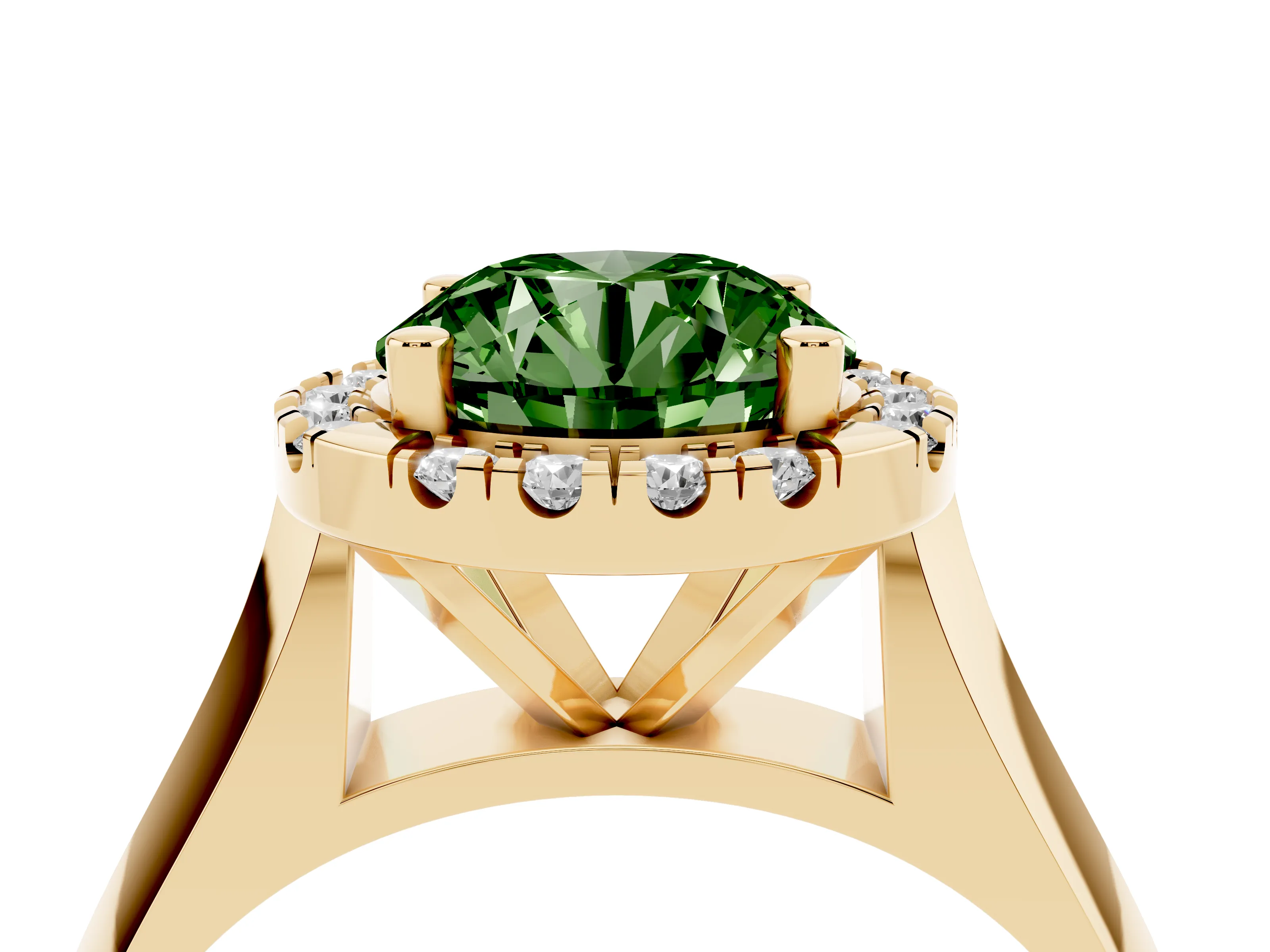 Fancy Green Round Cut Diamond Halo Solitaire Engagement Ring Set in Yellow gold with Square Band and Prong Setting