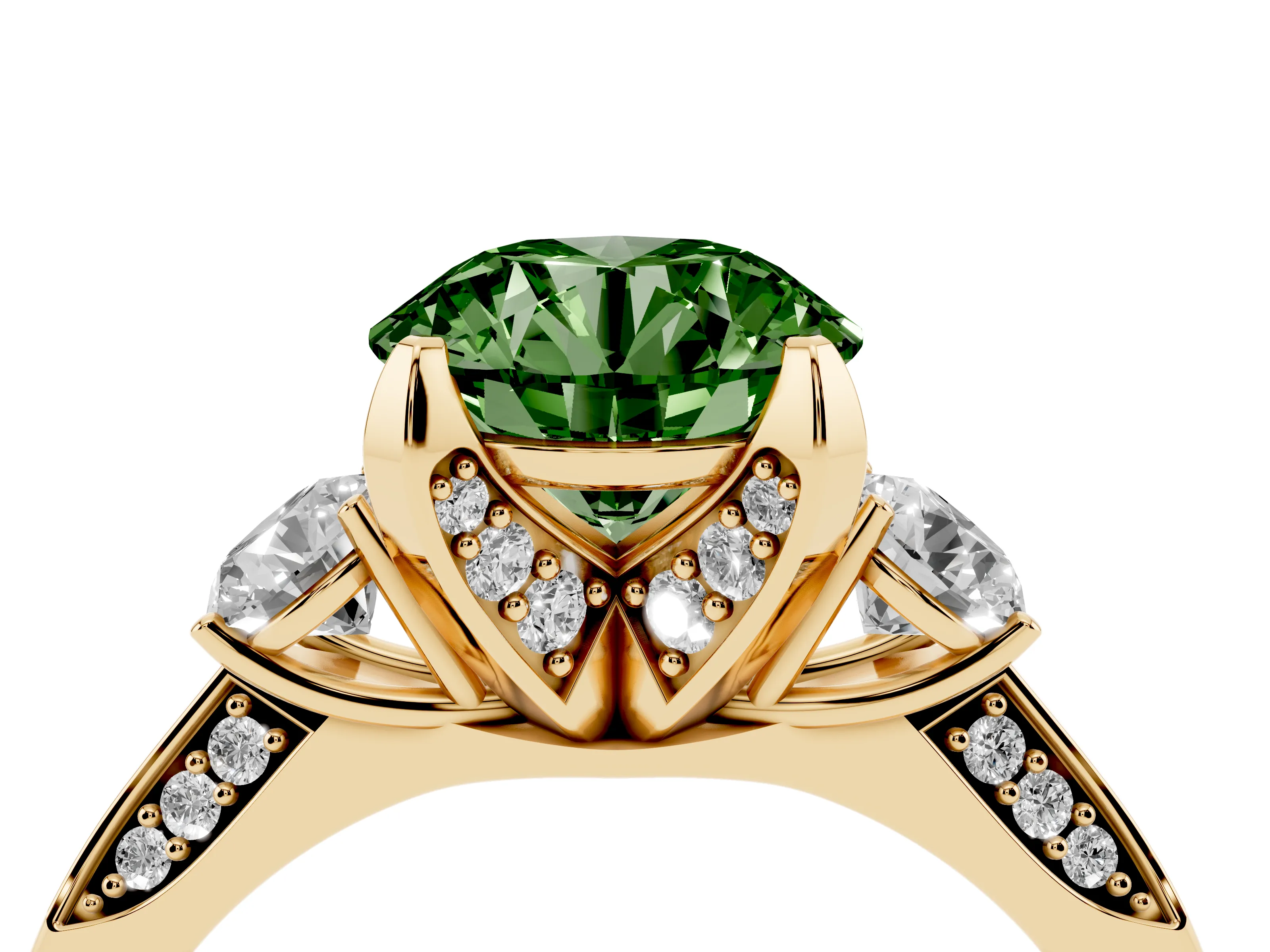 Fancy Green Round Cut Diamond Three-Stone Ring Set in Yellow gold with Pavé Band and Smaller Side Stones