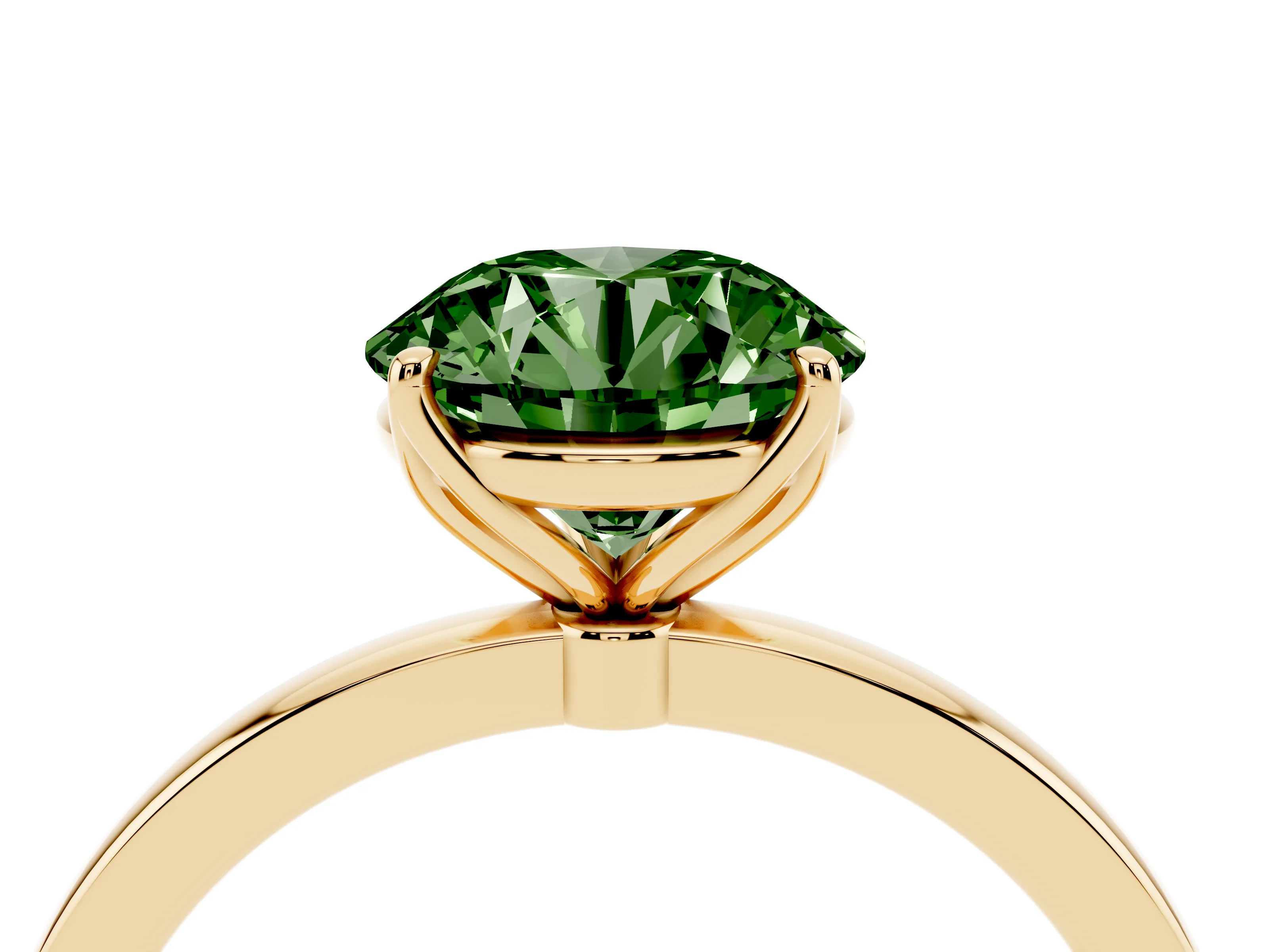 Fancy Green Round Cut Diamond Solitaire Ring Set in Yellow gold with Prong Setting and Thin Polished Band