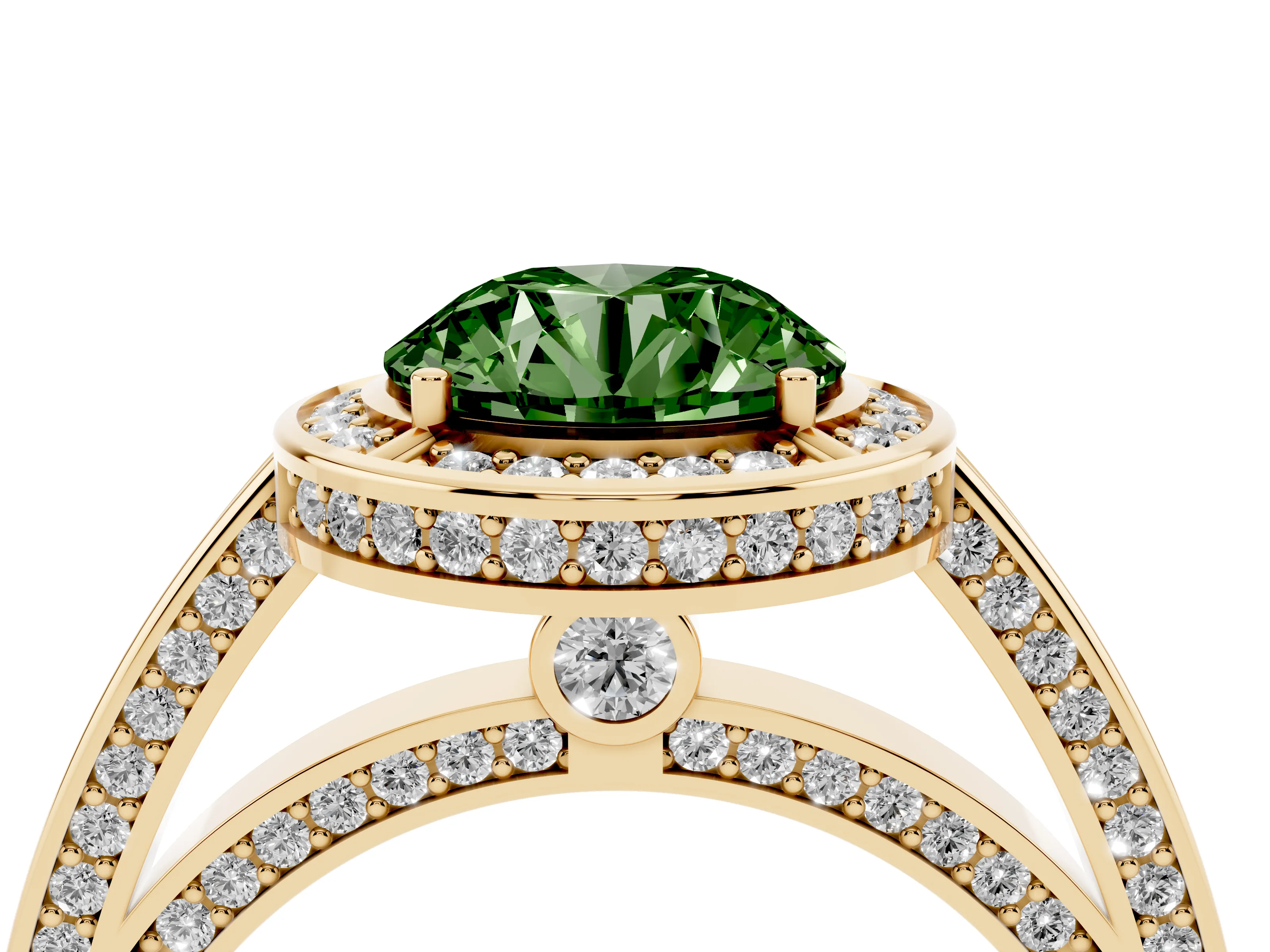 Fancy Green Round Cut Diamond Halo Pavé Split Shank Ring Set in Yellow gold with Prong Setting