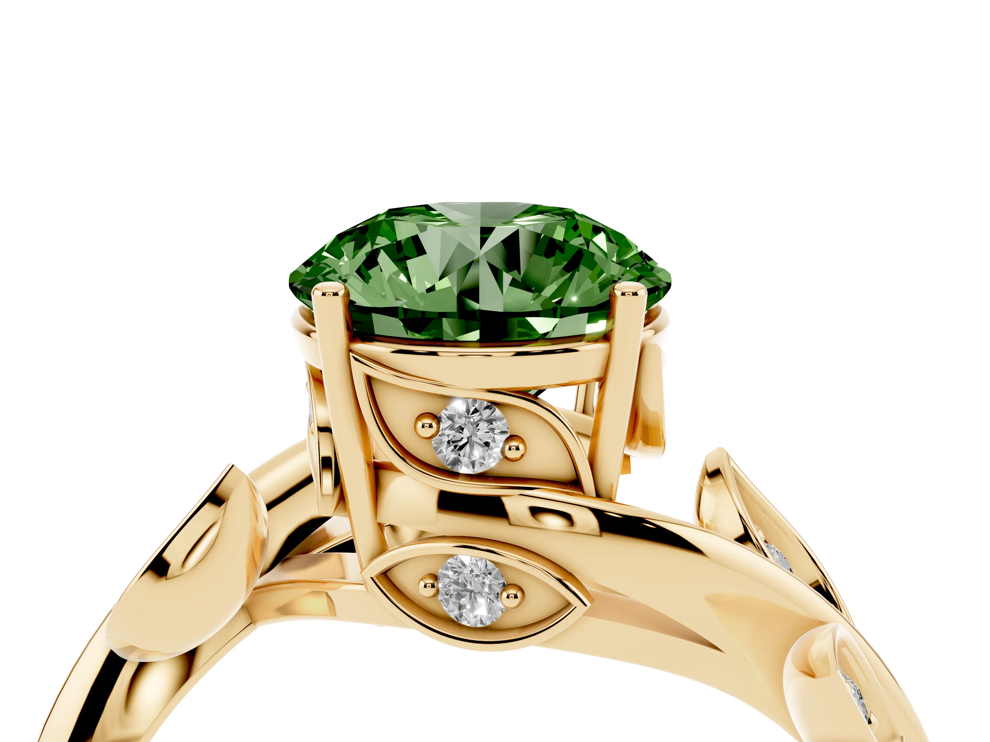 Fancy Green Round Cut Diamond Solitaire Twist Engagement Ring Set in Yellow gold with Pavé Leaf Accents