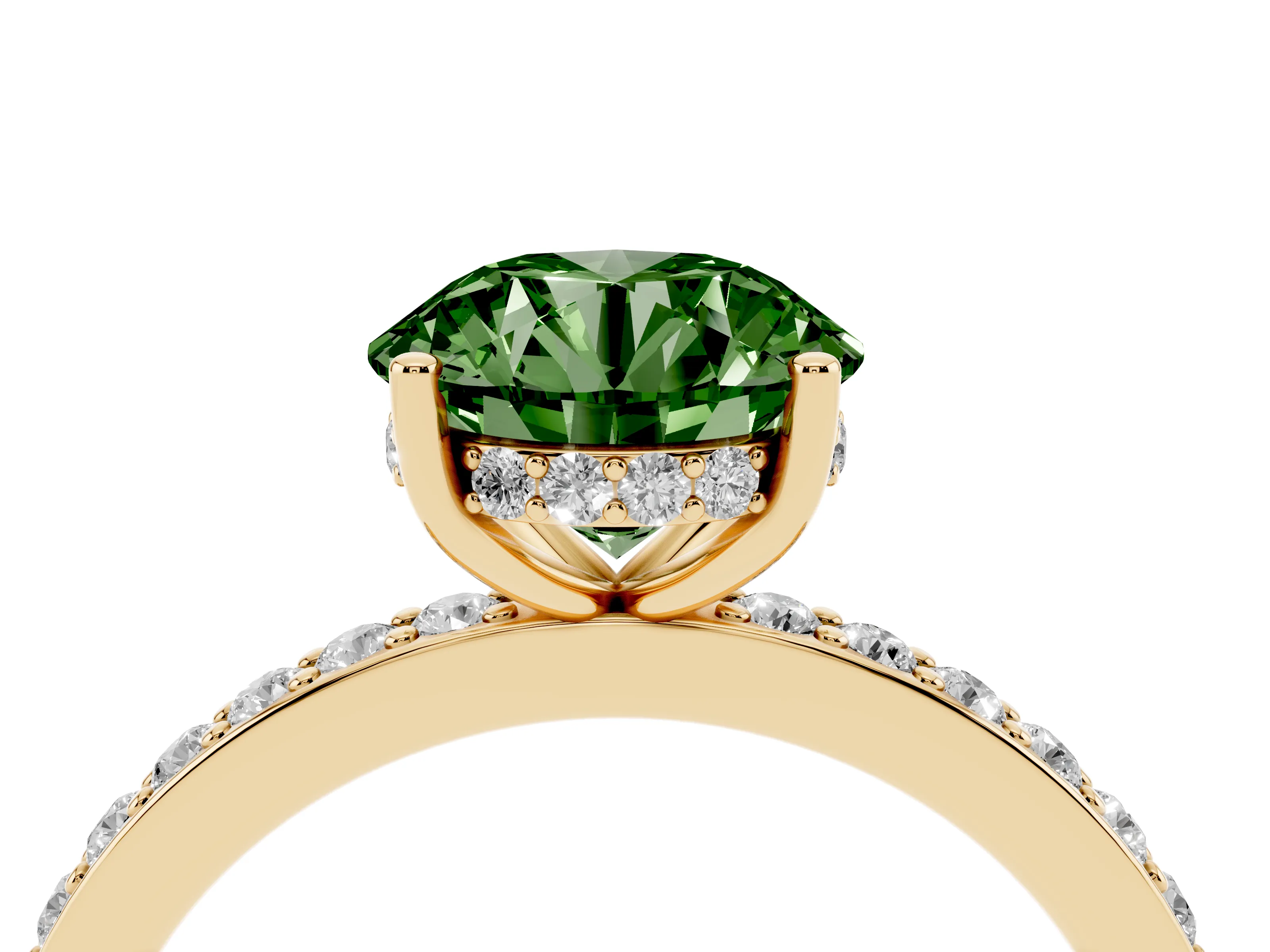 Fancy Green Round Cut Diamond Pavé Band Ring Set in Yellow gold with Prong-Set Center Stone