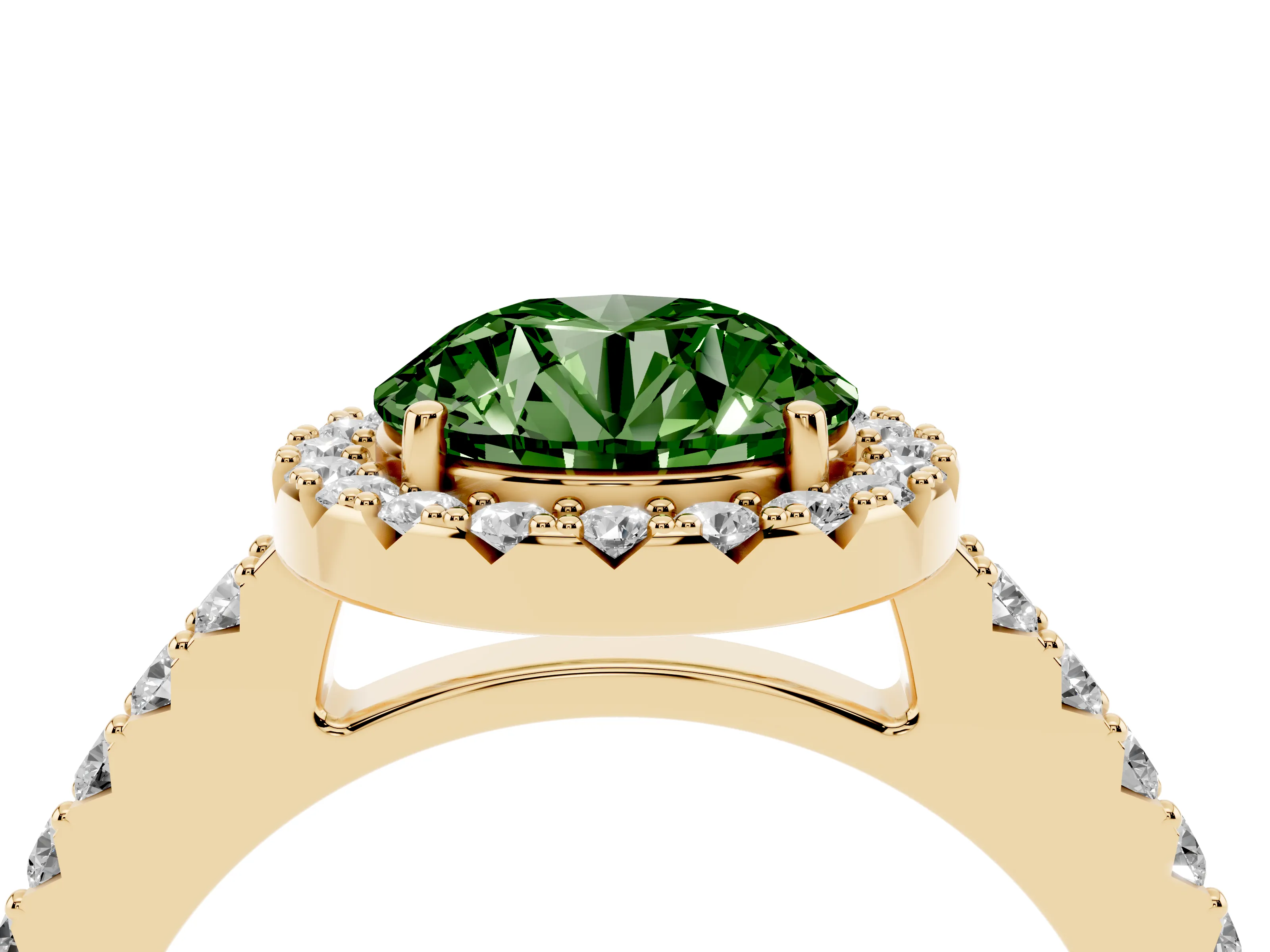 Fancy Green Round Cut Diamond Halo Pavé Solitaire Ring Set in Yellow gold with Prong-Set Center Stone