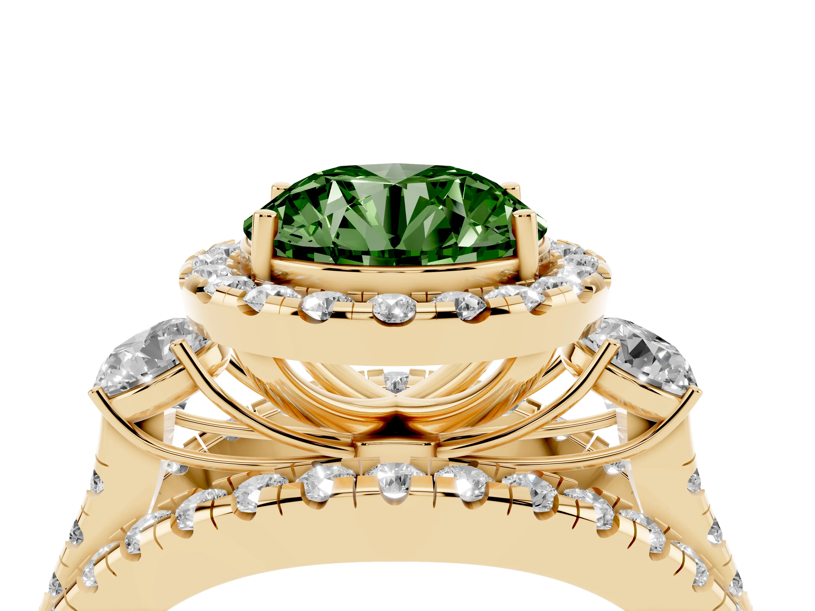 Fancy Green Round Cut Diamond Halo Split Shank Ring Set in Yellow gold with Round Accent Stones and Prong Setting