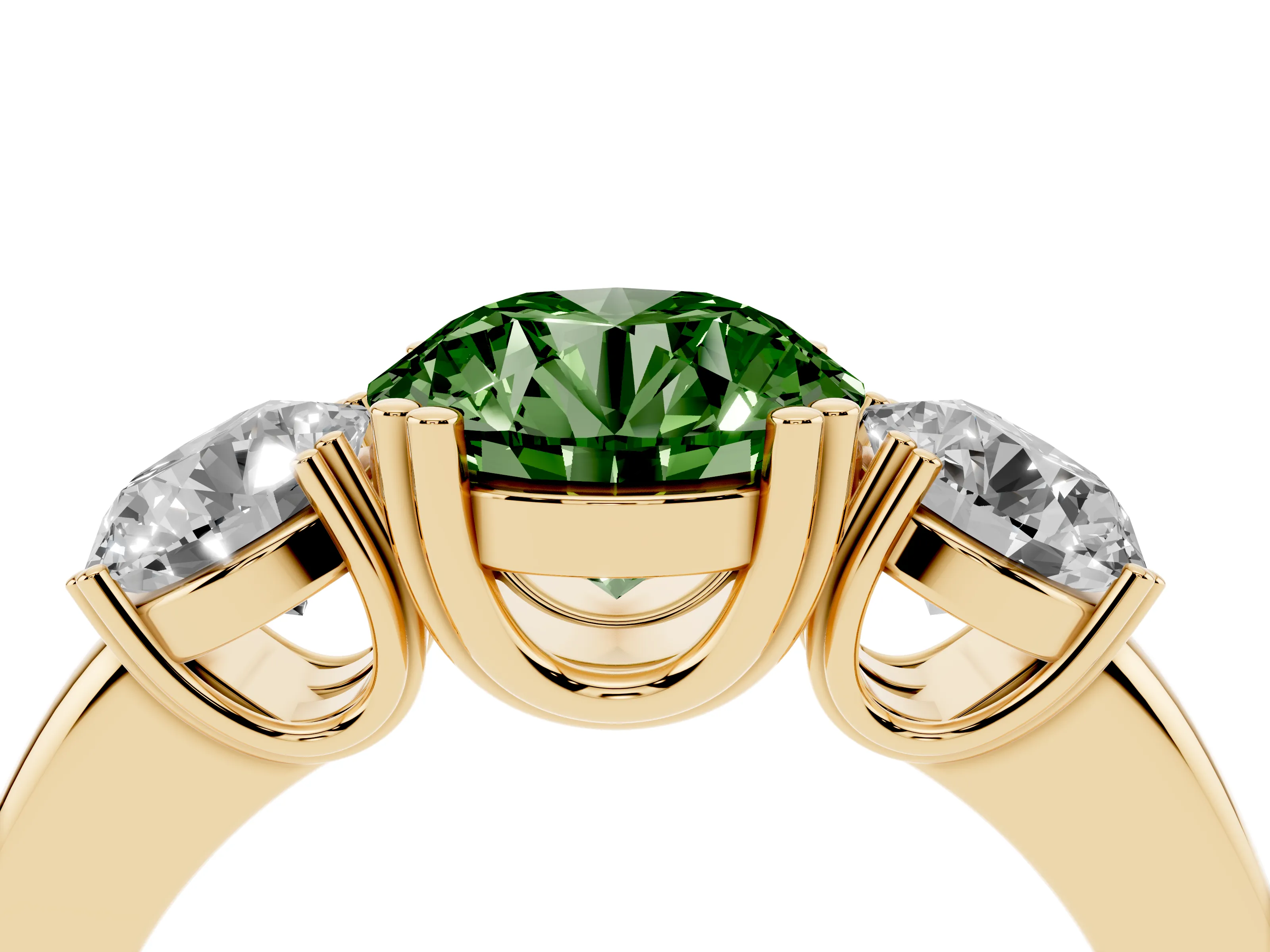 Fancy Green Round Cut Diamond Three-Stone Ring Set in Yellow gold with Polished Channel-Set Band