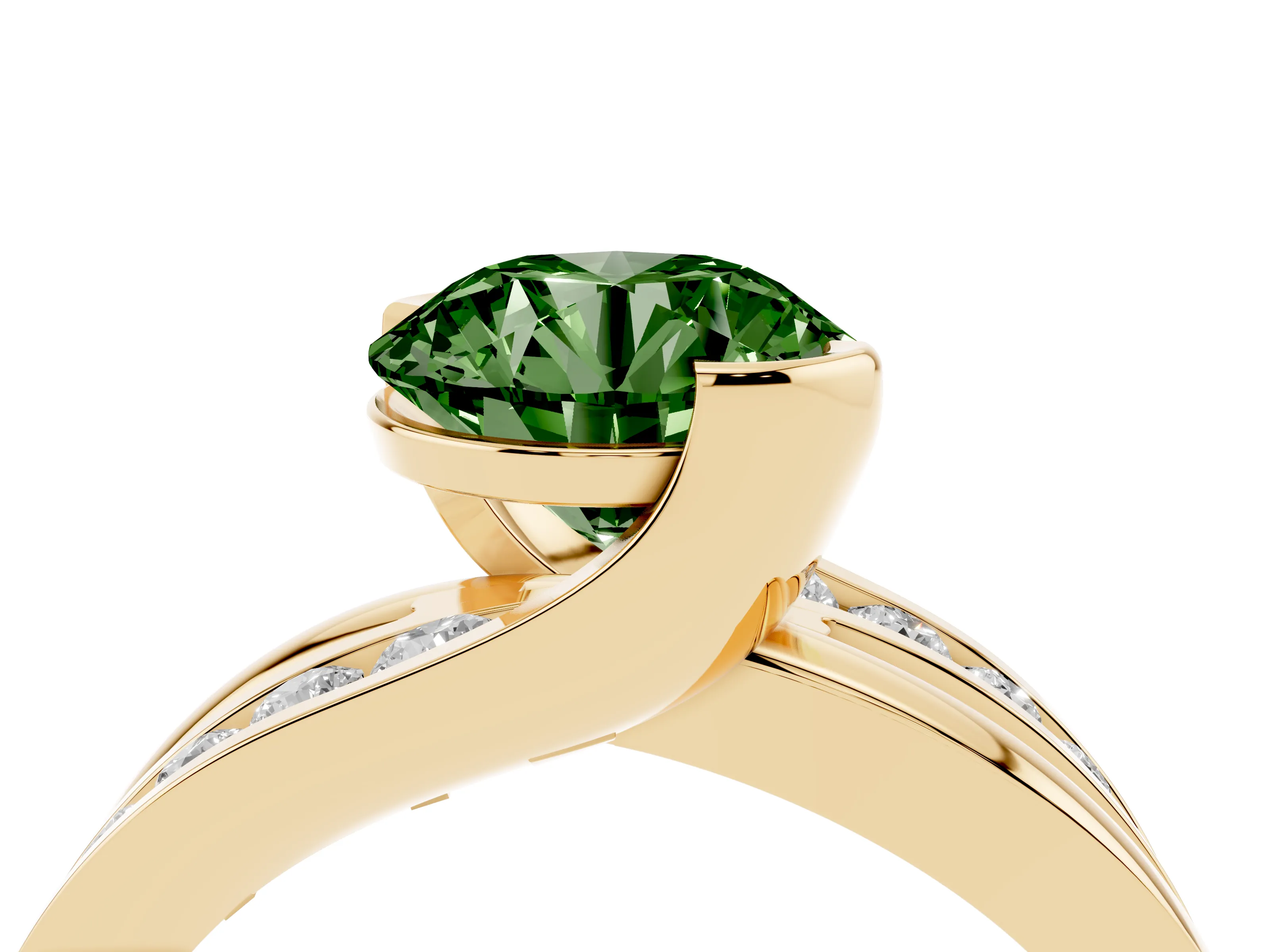 Fancy Green Round Cut Diamond Solitaire Ring Set in Yellow gold with Channel Set Split Shank and Tension Prongs