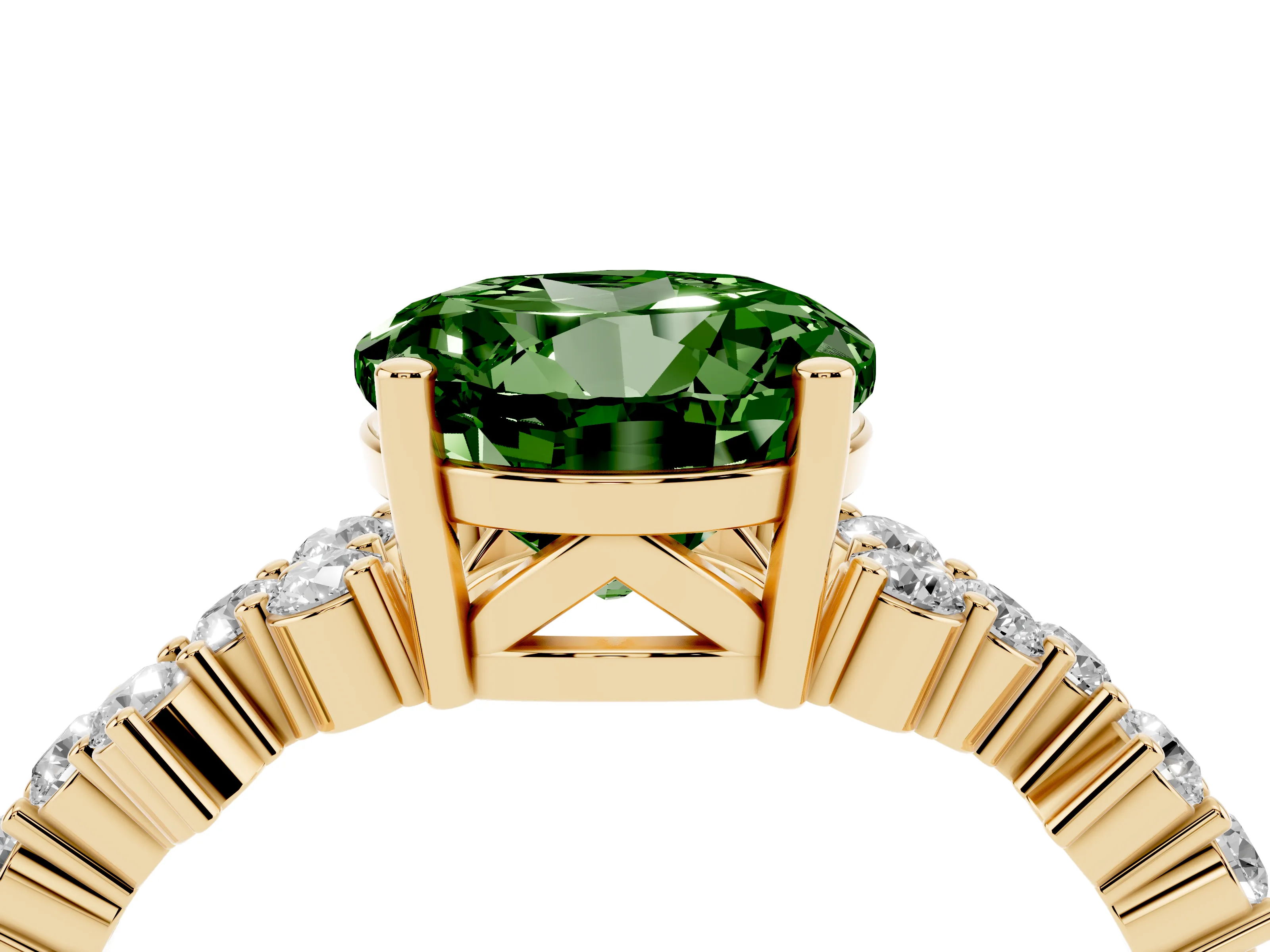 Fancy Green Round Cut Diamond Ring Set in Yellow gold with Scattered Round Accents