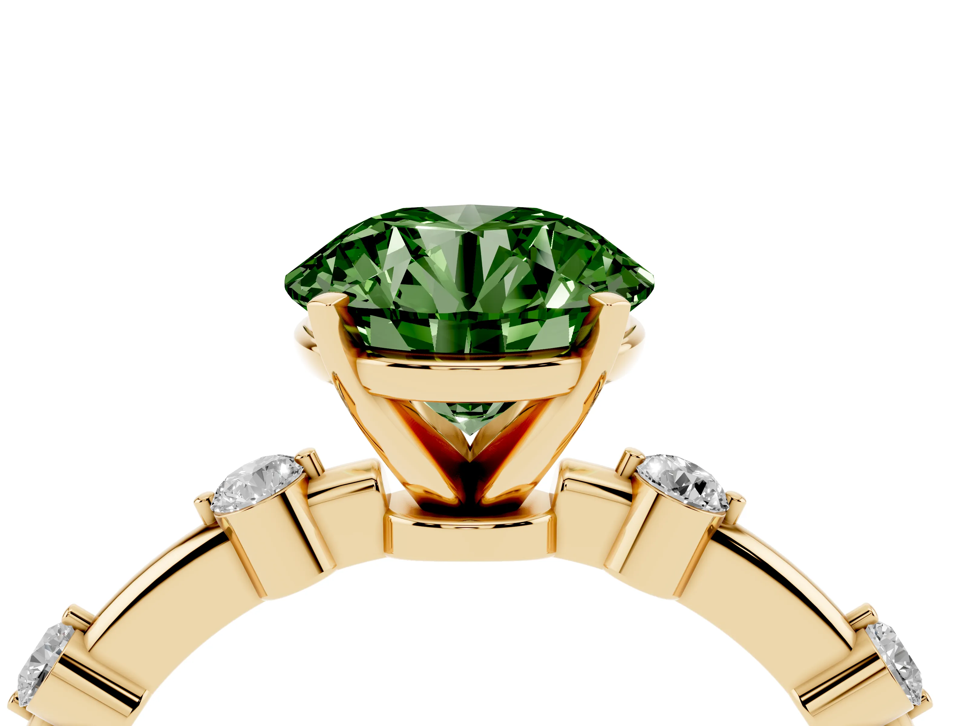 Fancy Green Round Cut Diamond Solitaire Ring Set in Yellow gold with Bezel Set Side Stones and Prong Setting