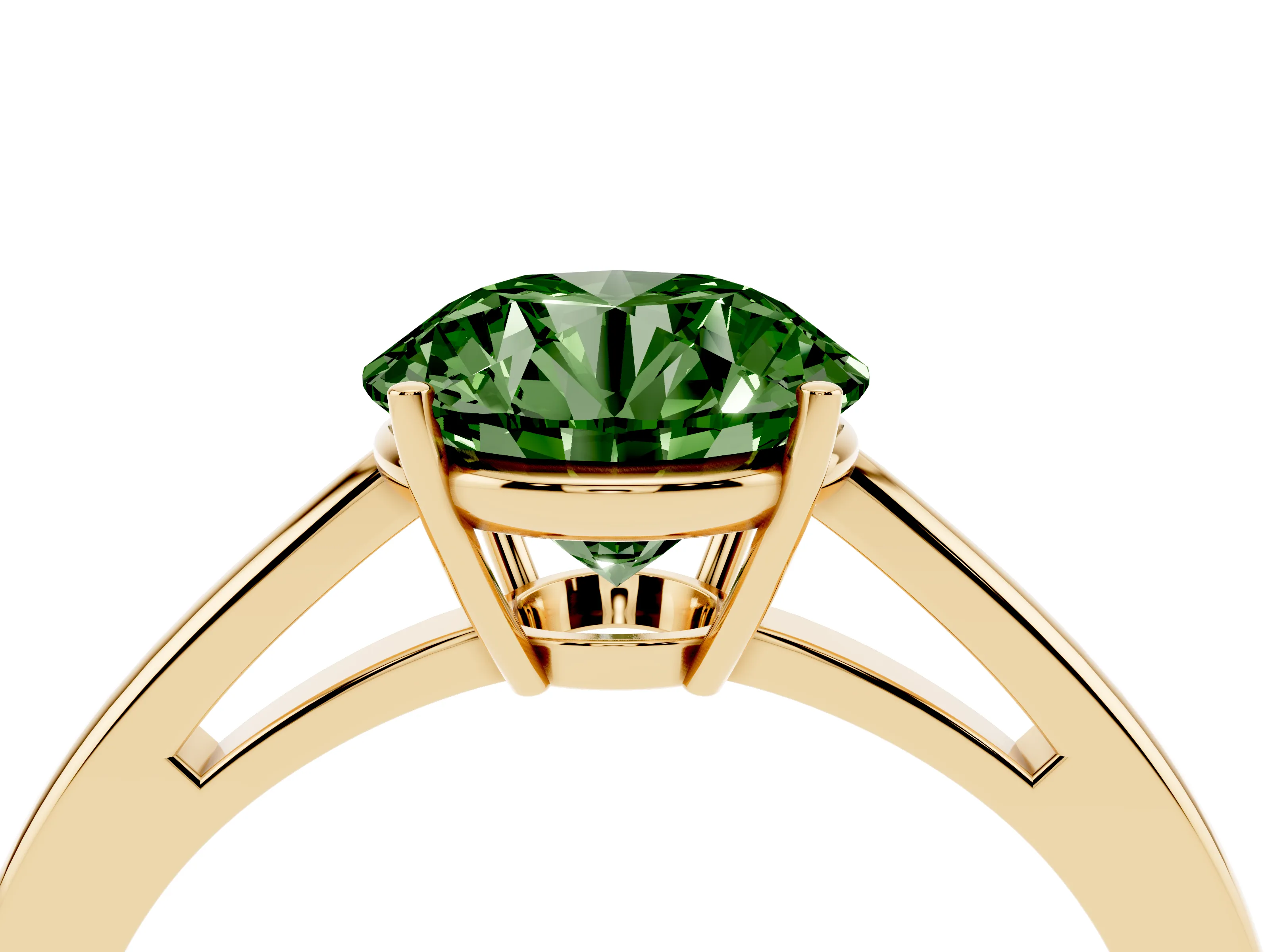 Fancy Green Round Cut Diamond Solitaire Ring Set in Yellow gold with Split Shank and Prong Setting