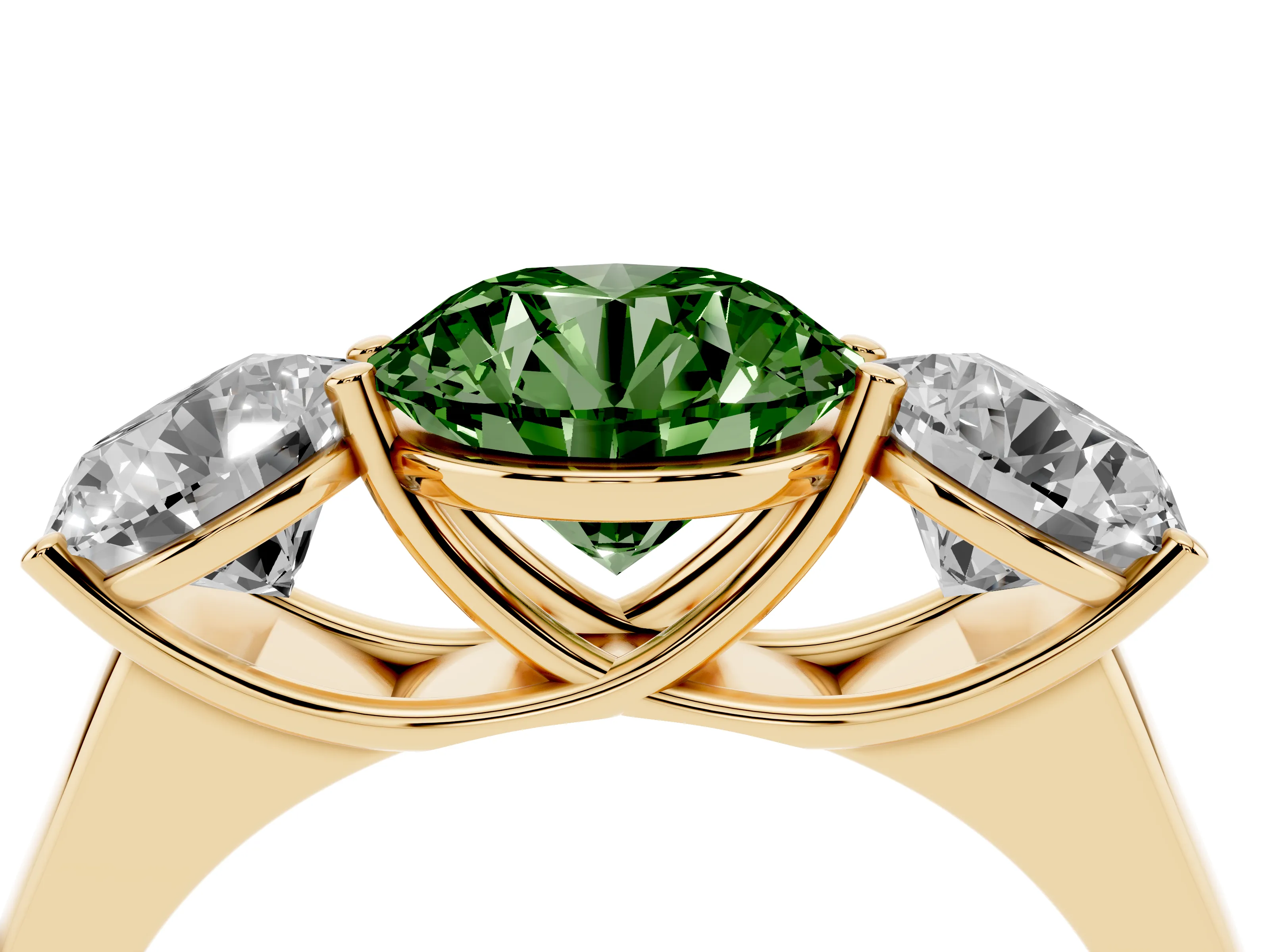 Fancy Green Round Cut Diamond Three-Stone Ring Set in Yellow gold with Plain Polished Band