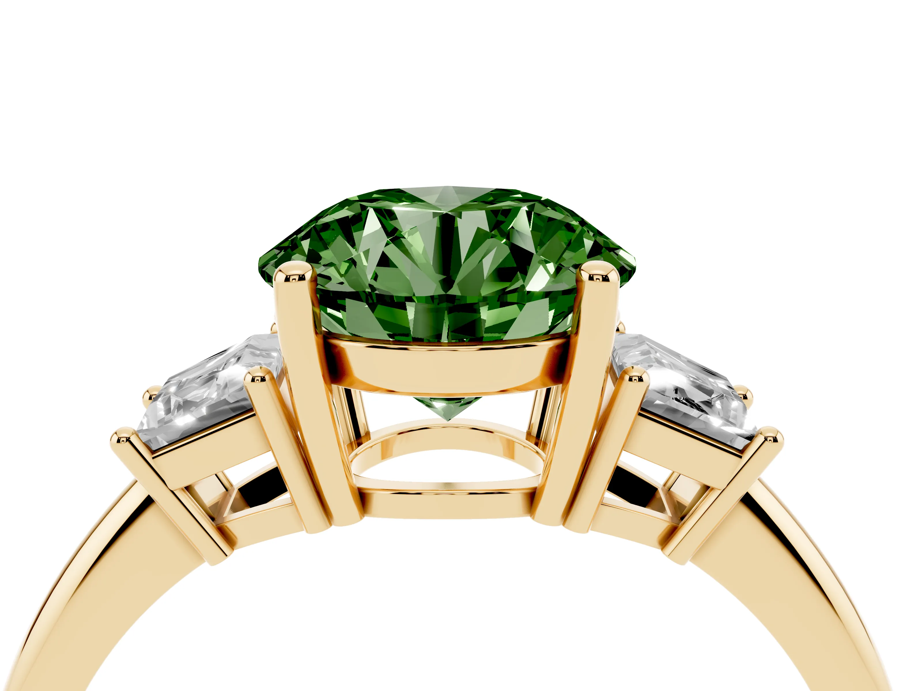 Fancy Green Round Cut Diamond Three-Stone Ring Set in Yellow gold with Trapezoid Side Stones and Prong Setting