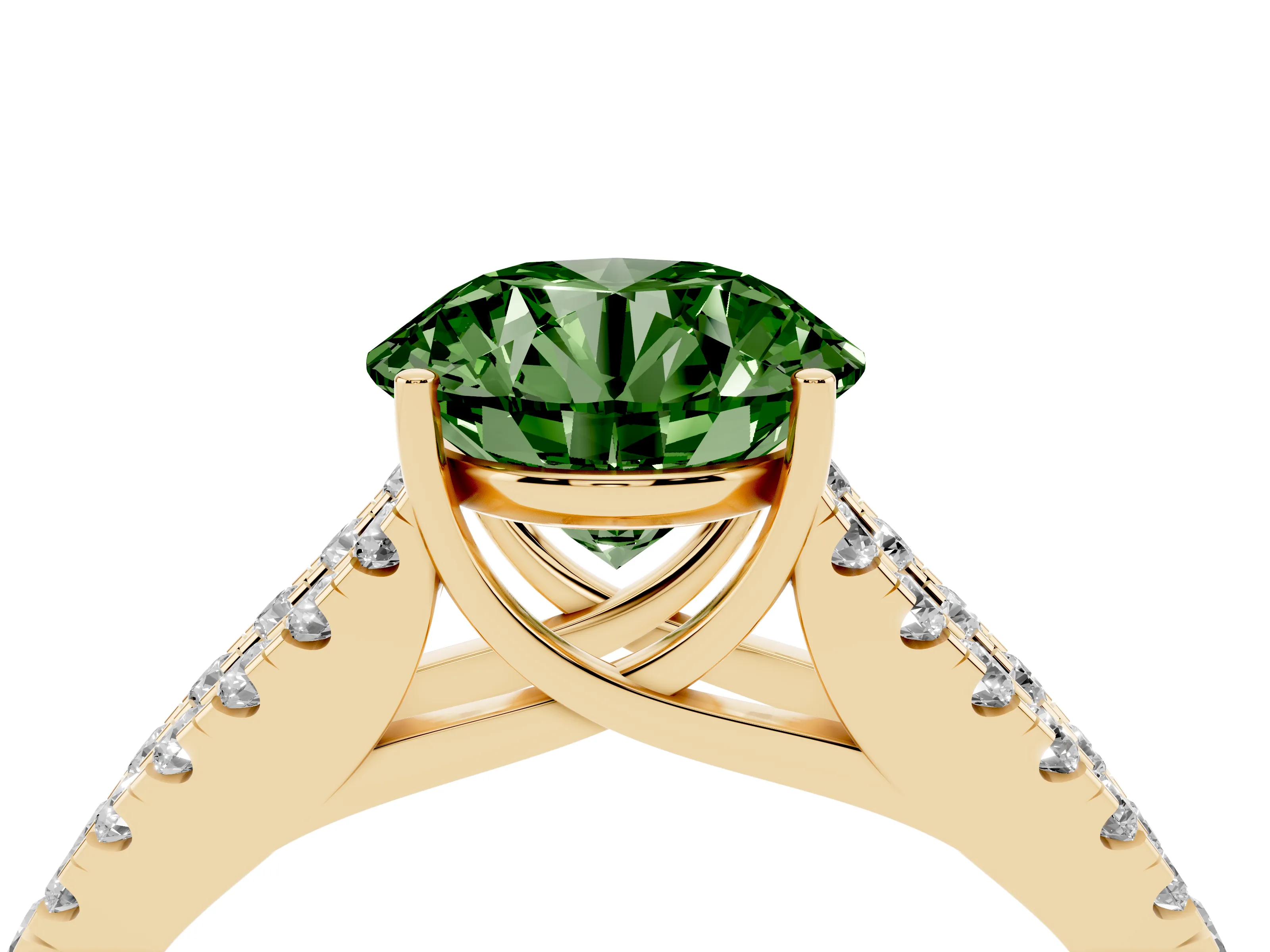 Fancy Green Round Cut Diamond Split Shank Pavé Engagement Ring Set in Yellow gold with Prong-Held Center Stone