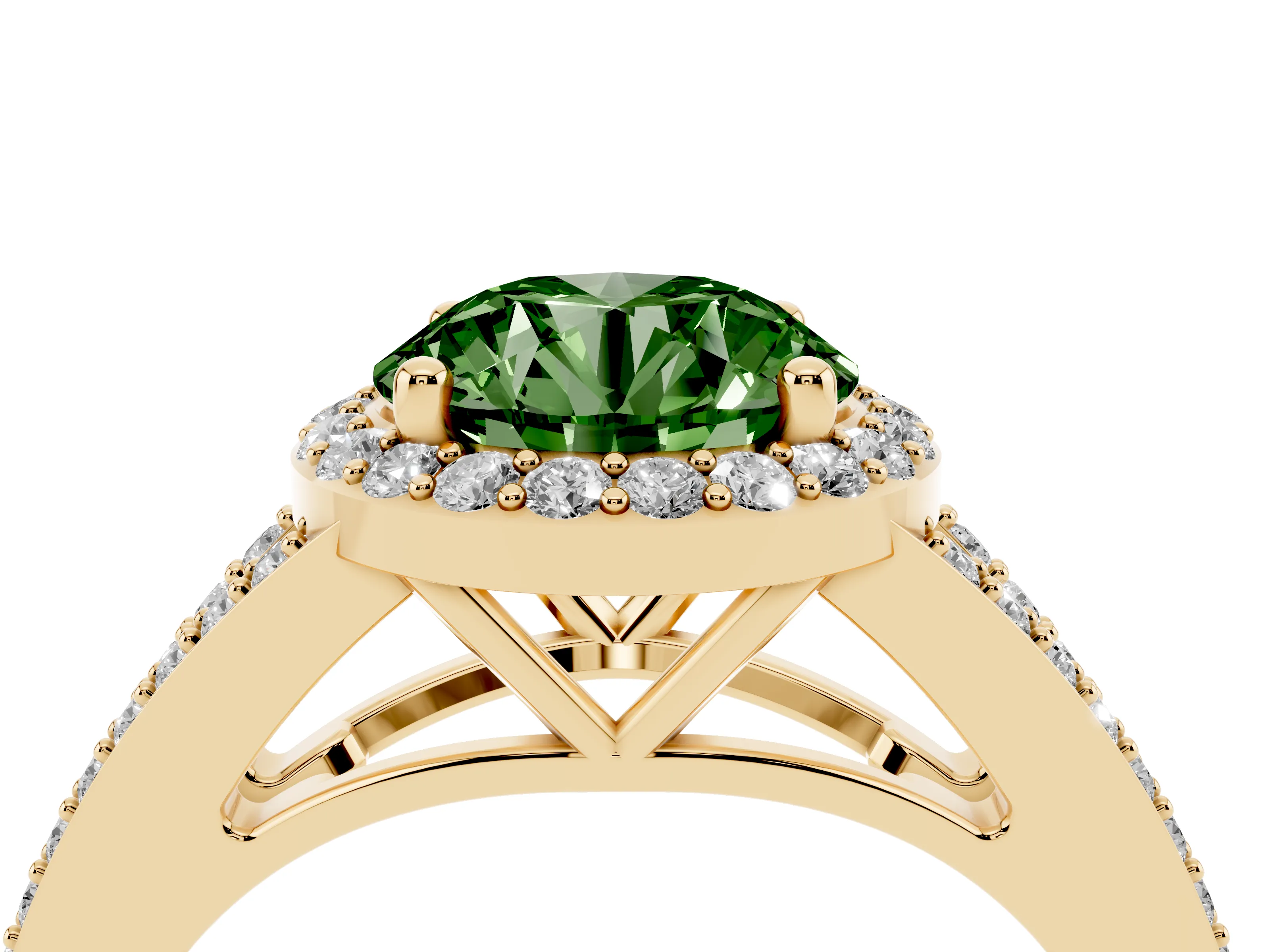 Fancy Green Round Cut Diamond Halo Split Shank Pavé Ring Set in Yellow gold with Prong Setting