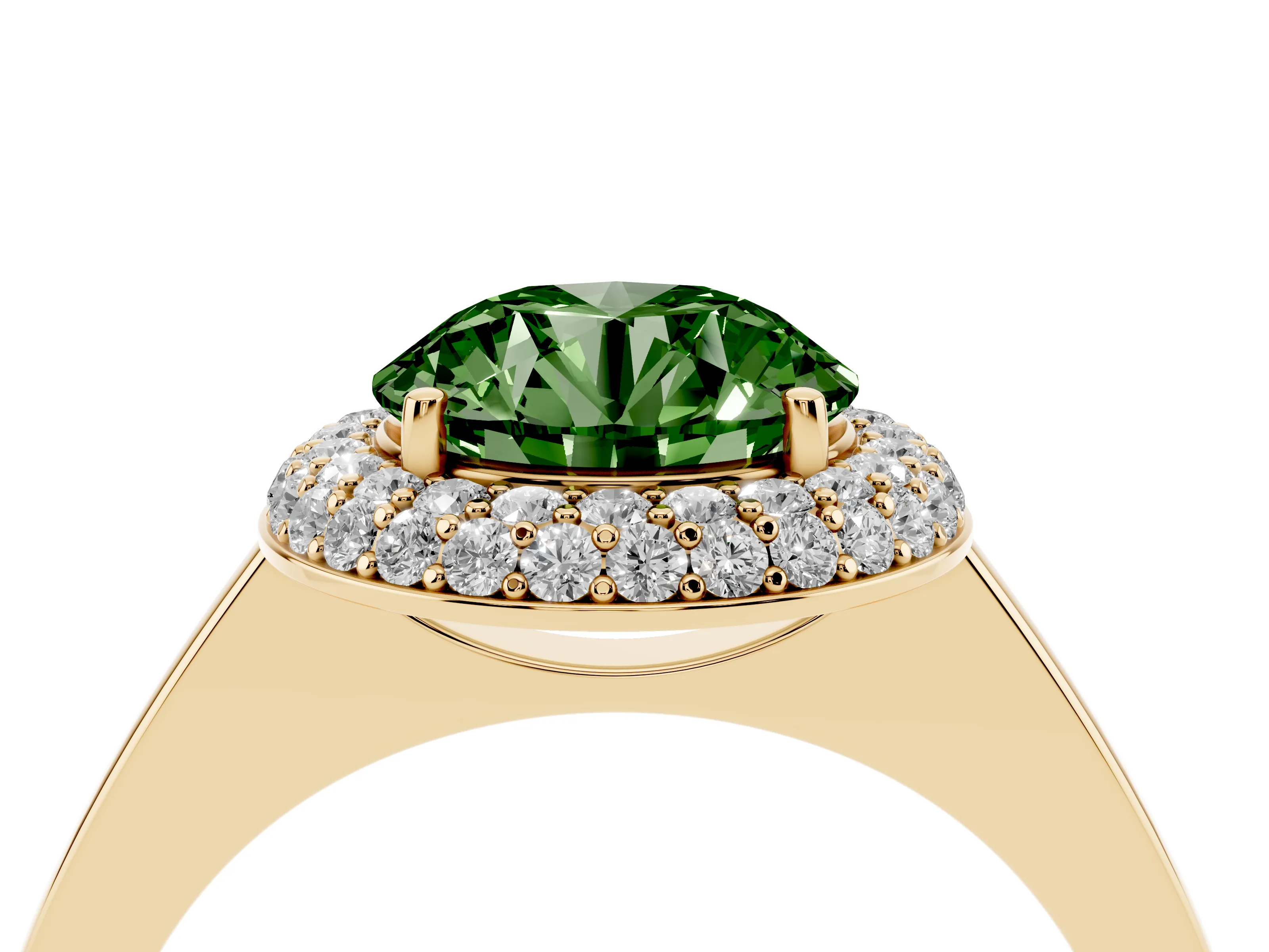 Fancy Green Round Cut Diamond Halo Engagement Ring Set in Yellow gold with Solitaire Band and Prong Setting