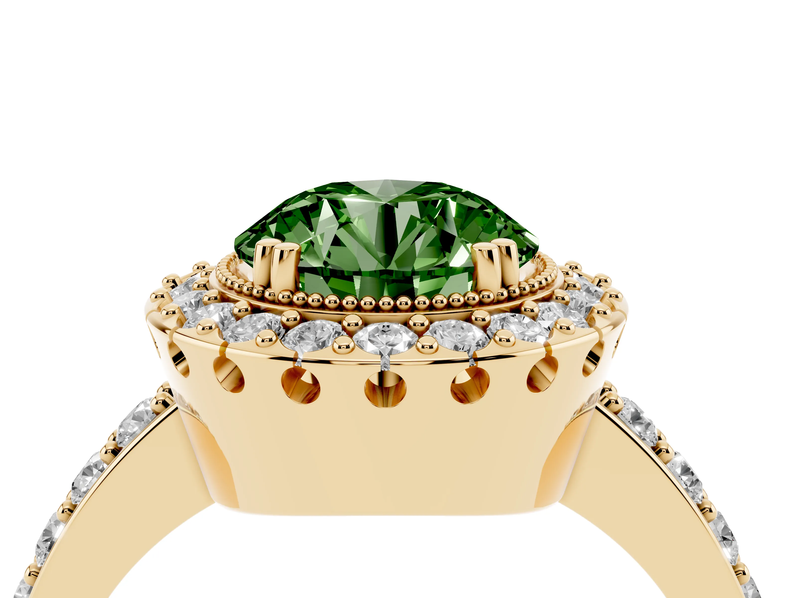 Fancy Green Round Cut Diamond Halo Ring Set in Yellow gold with Pavé Shank and Prong Setting
