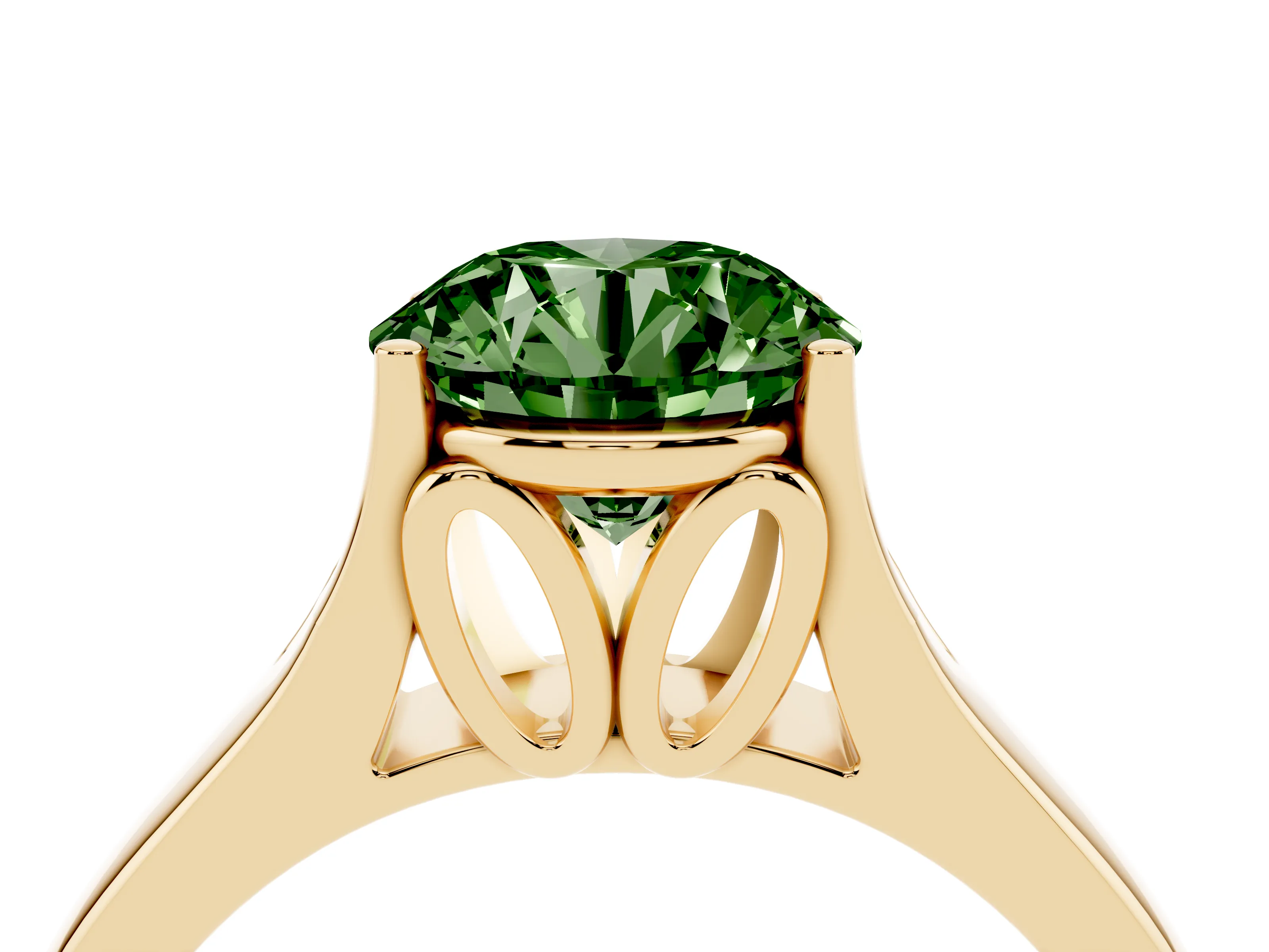Fancy Green Round Cut Diamond Solitaire Ring Set in Yellow gold with Arched Cathedral Band and Prong Setting