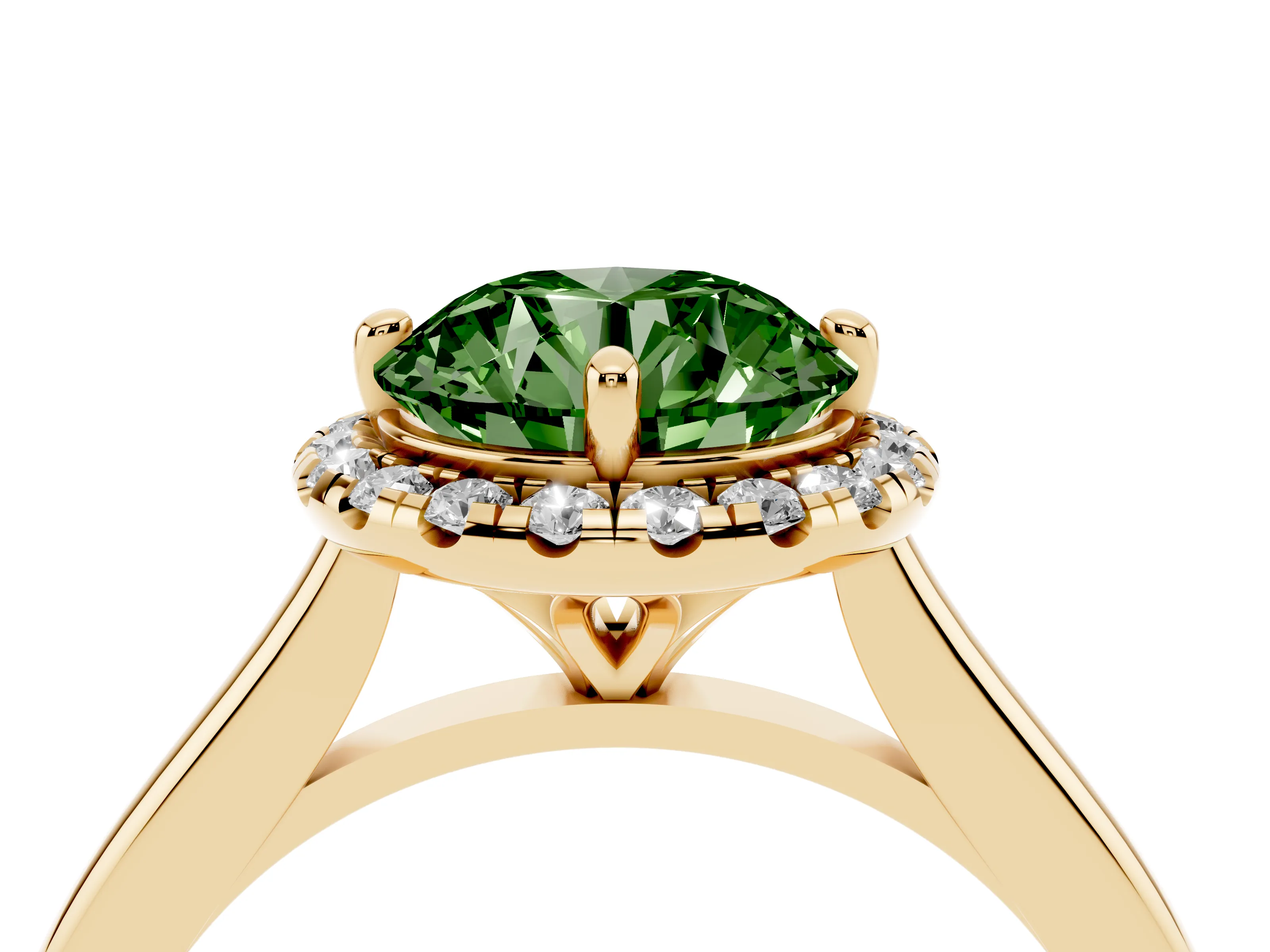 Fancy Green Round Cut Diamond Halo Engagement Ring Set in Yellow gold with Pavé Band and Rising Shoulders