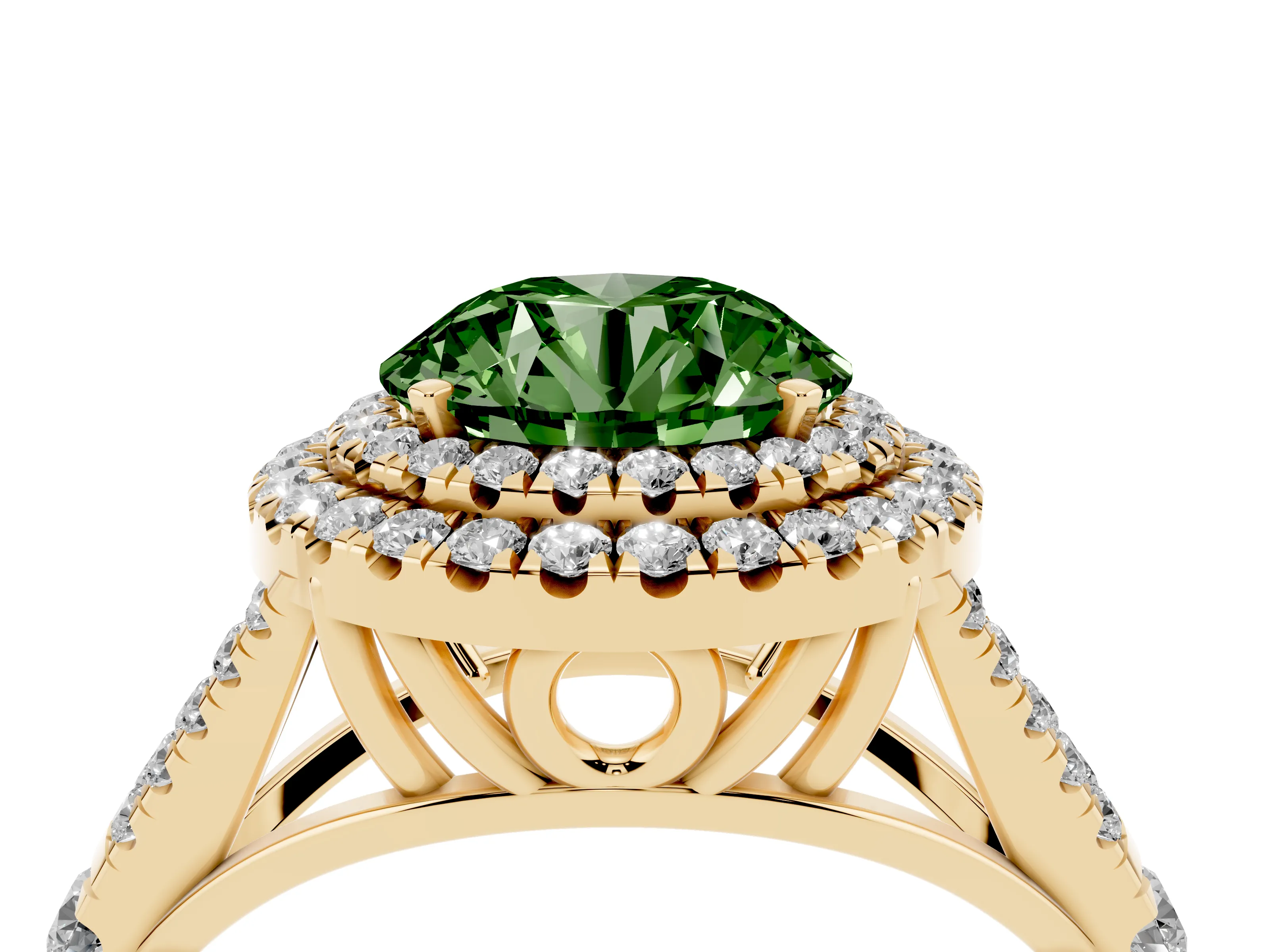 Fancy Green Round Cut Diamond Pavé Split Shank Double Halo Engagement Ring Set in Yellow gold