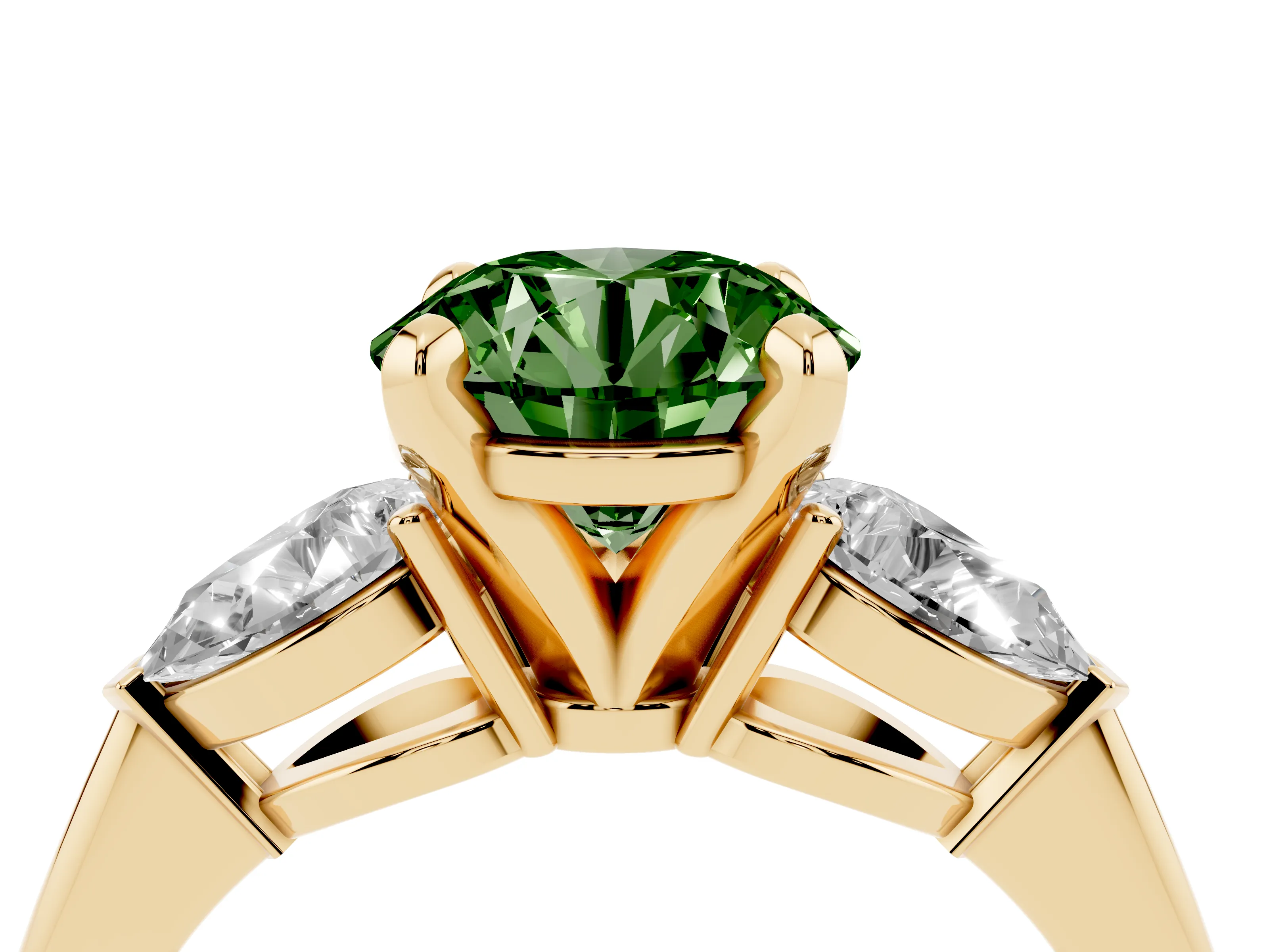Fancy Green Three-Stone Round Cut Diamond Ring Set in Yellow gold with Pear Side Stones and Prong Setting