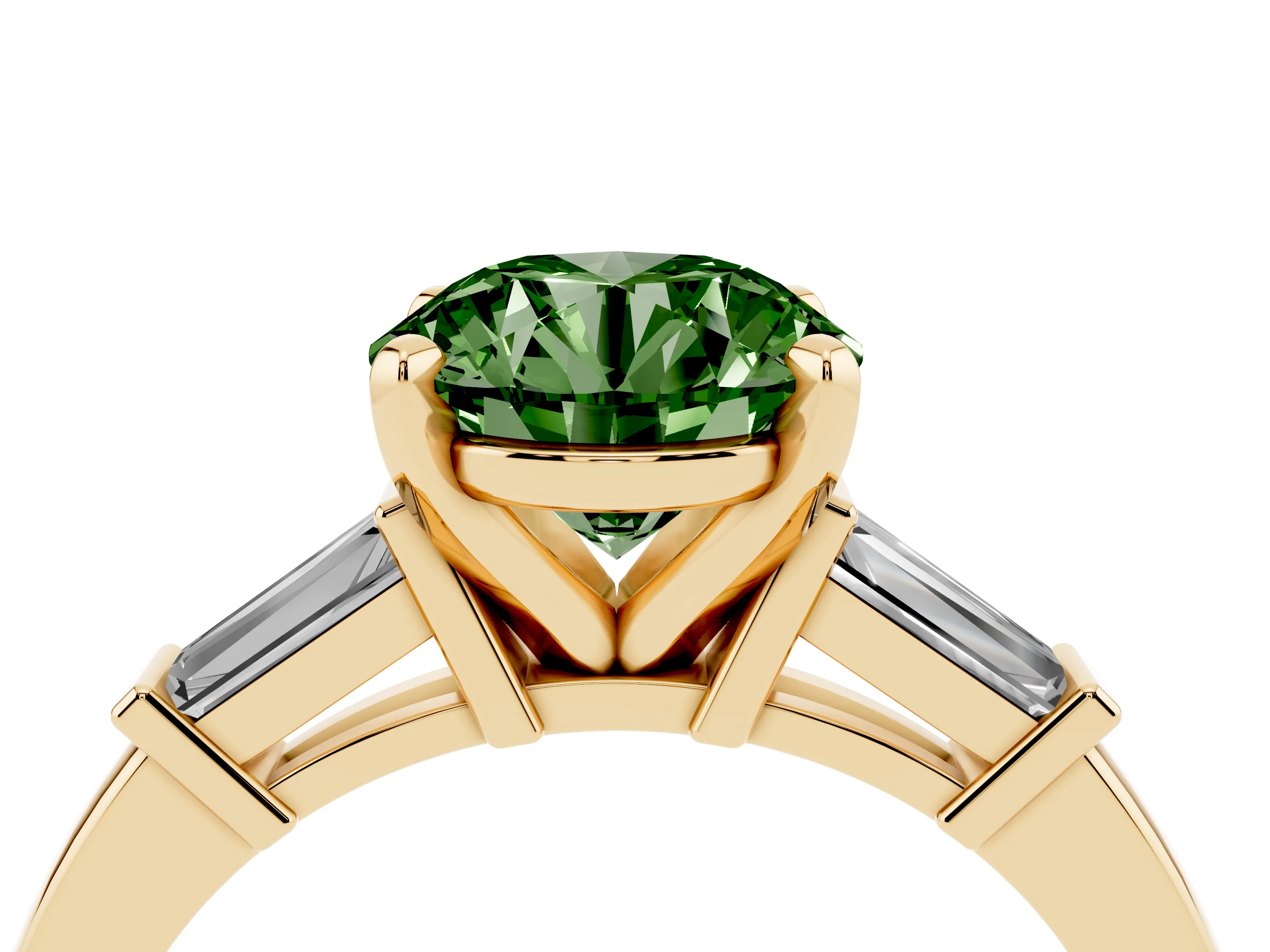 Fancy Green Round Cut Diamond Solitaire Ring Set in Yellow gold with Tapered Baguette Accents and Prong Setting