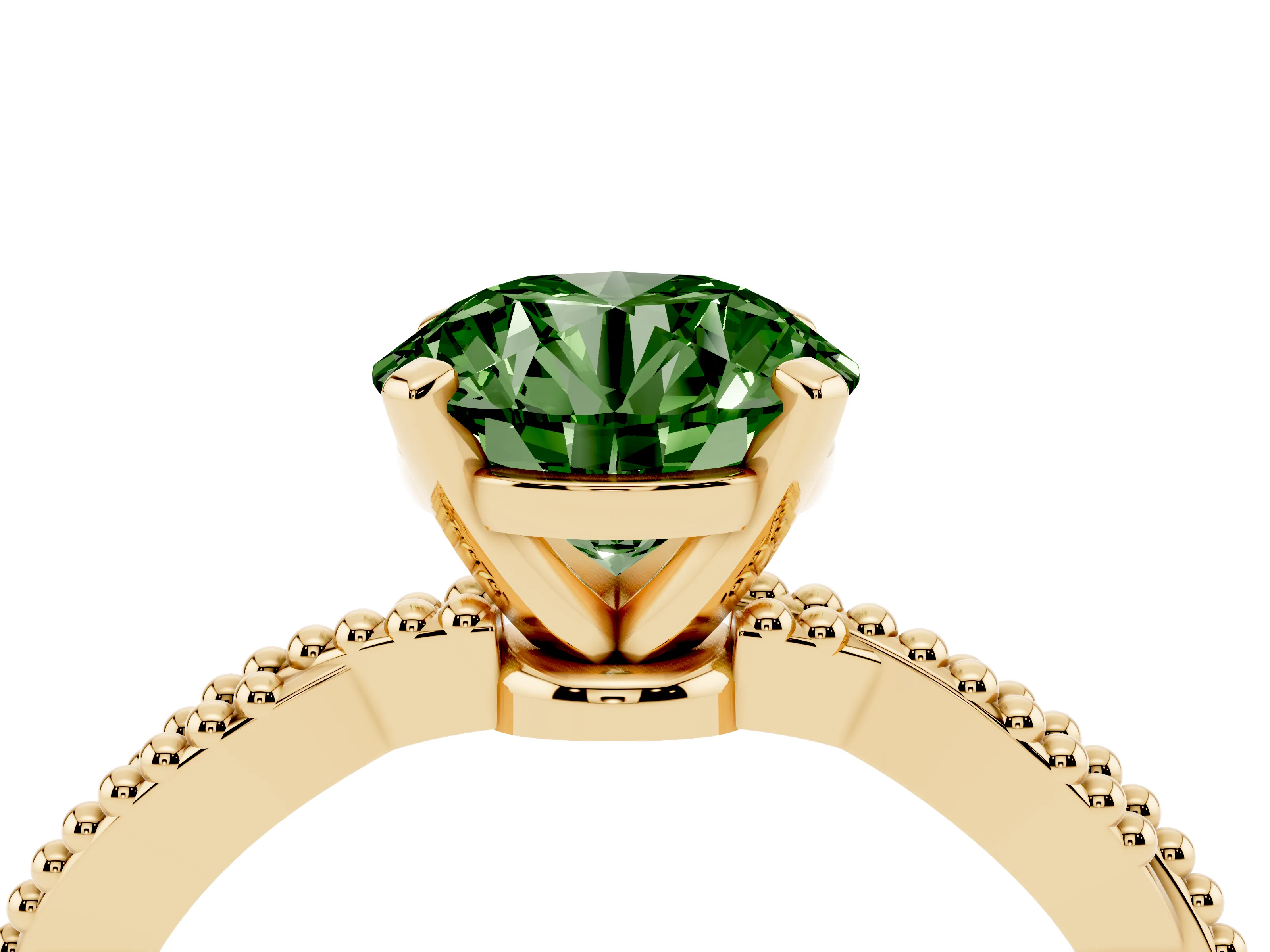 Fancy Green Round Cut Diamond Solitaire Ring Set in Yellow gold with Twisted Band and Bead Prong Setting